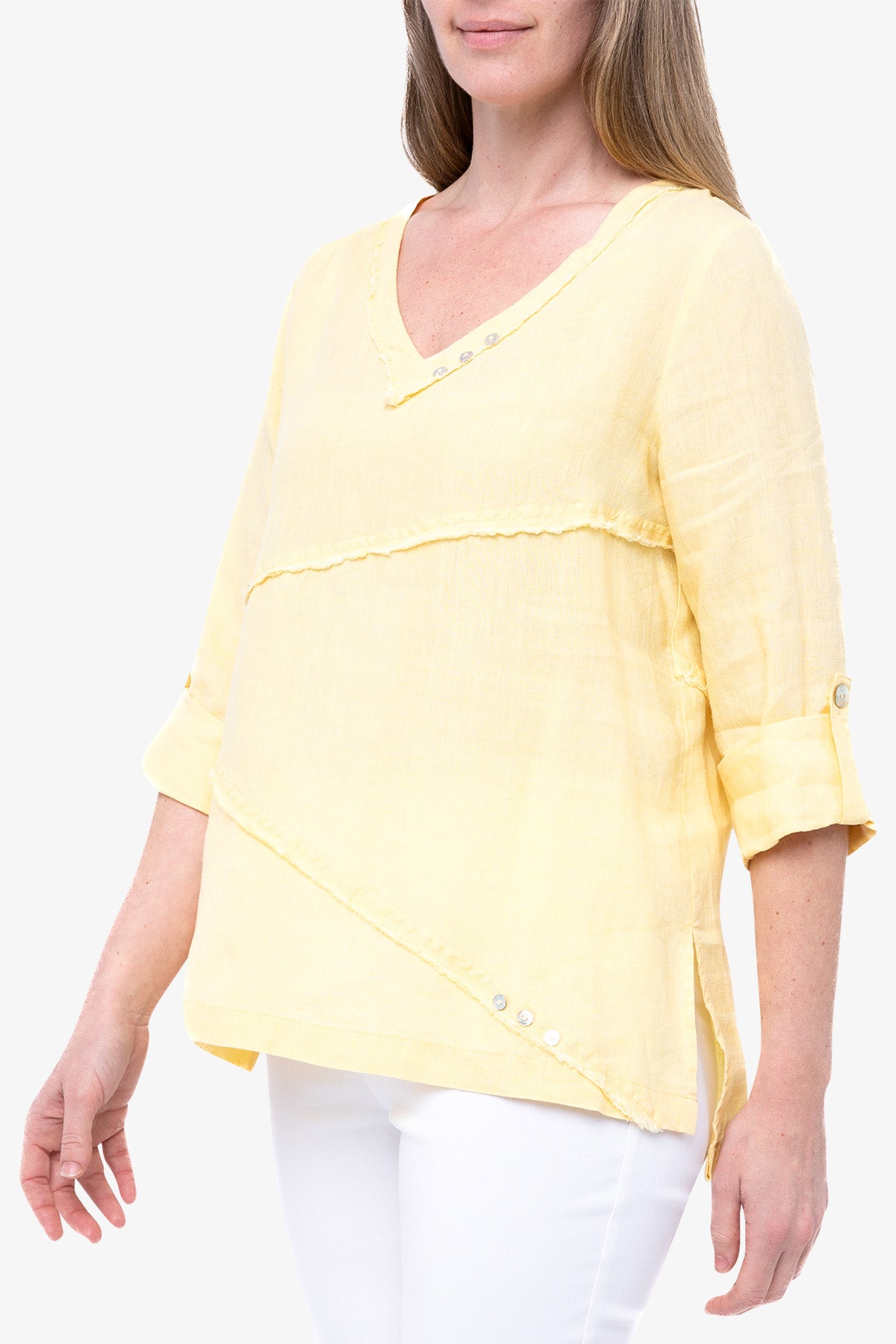 3/4 Sleeve V-Neck Linen Top Lemondrop
