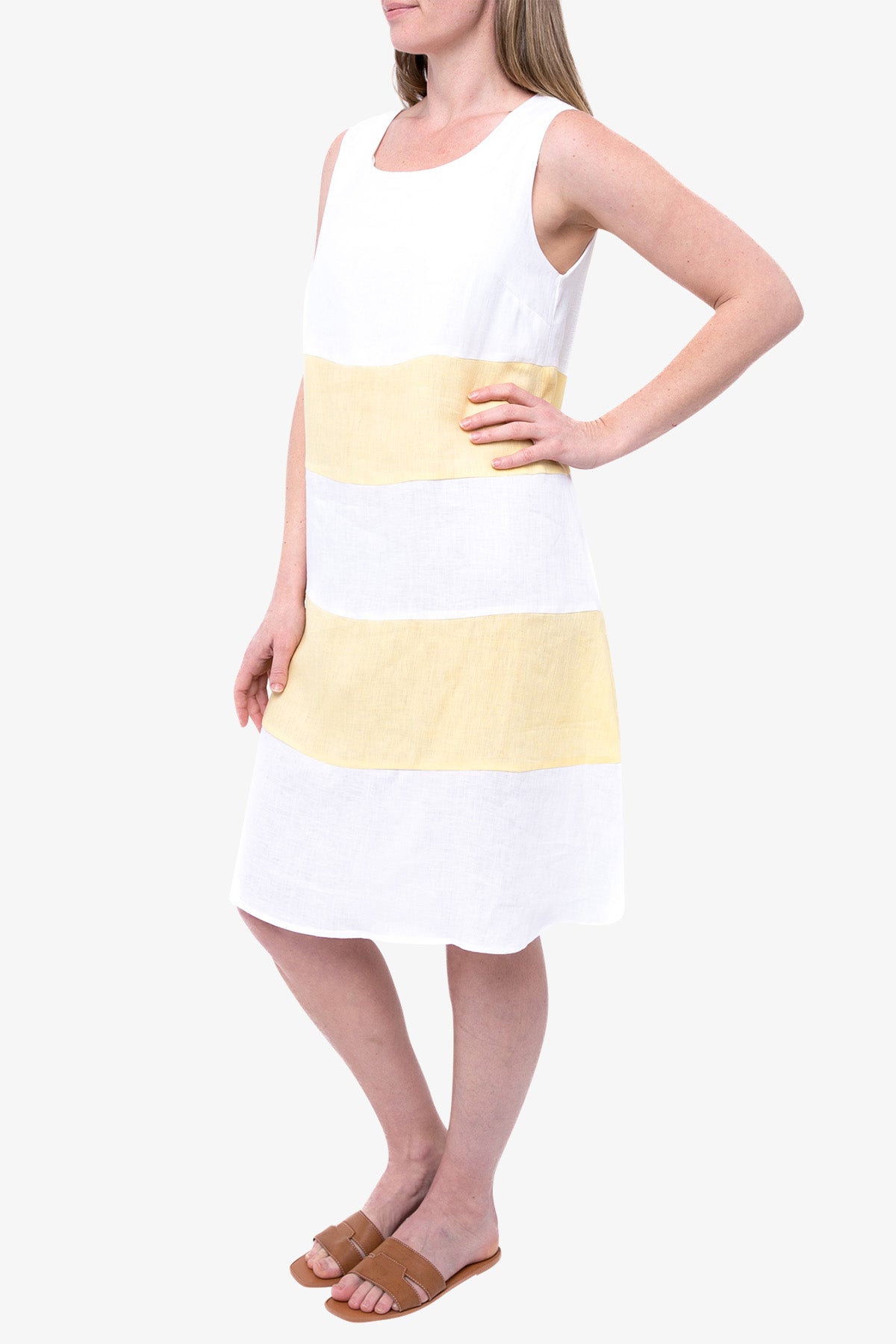 Block Stripe Sleeveless Linen Dress White and Yellow