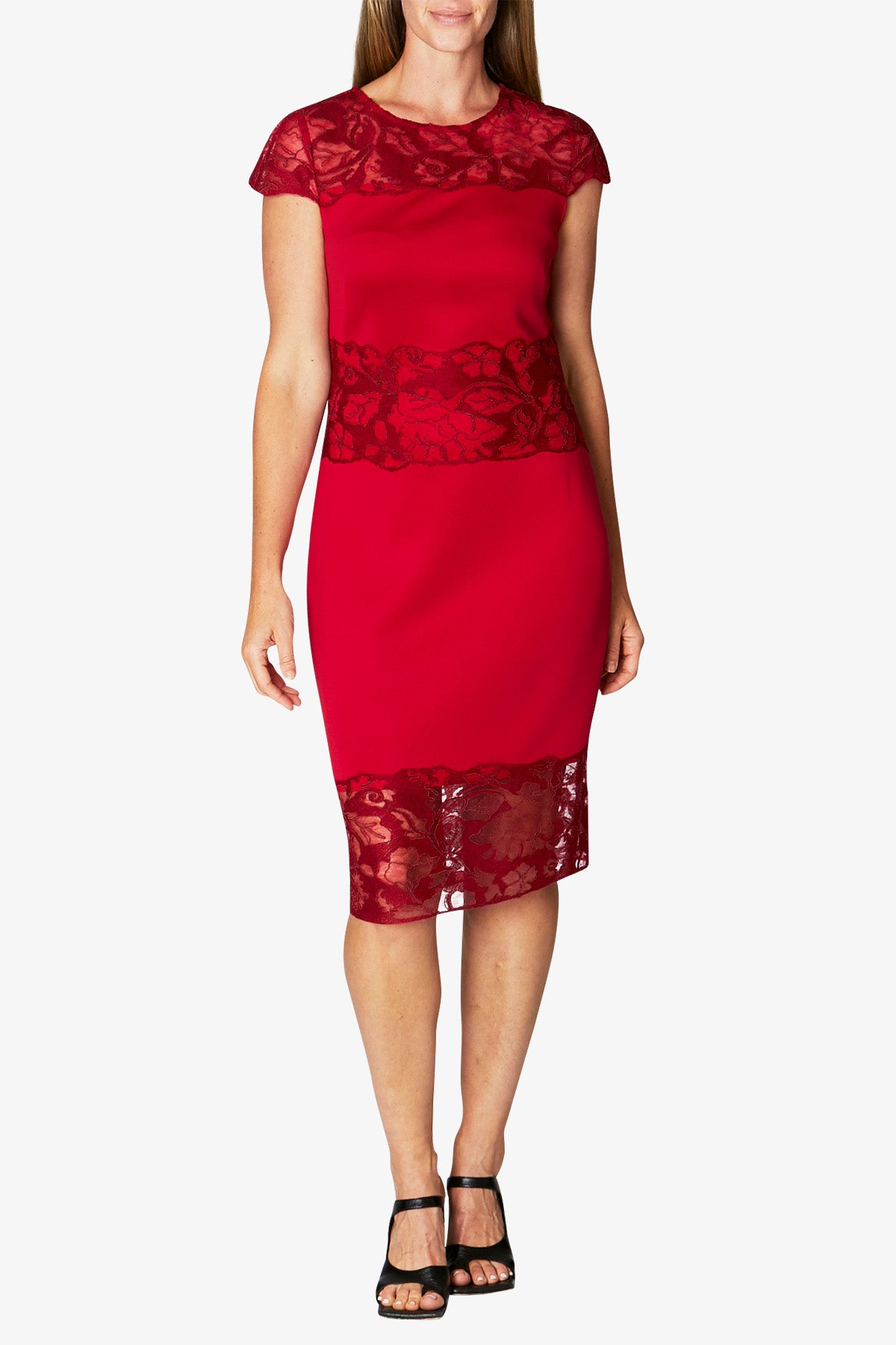 Womens Cap Sleeve Lace Spliced Dress In Red