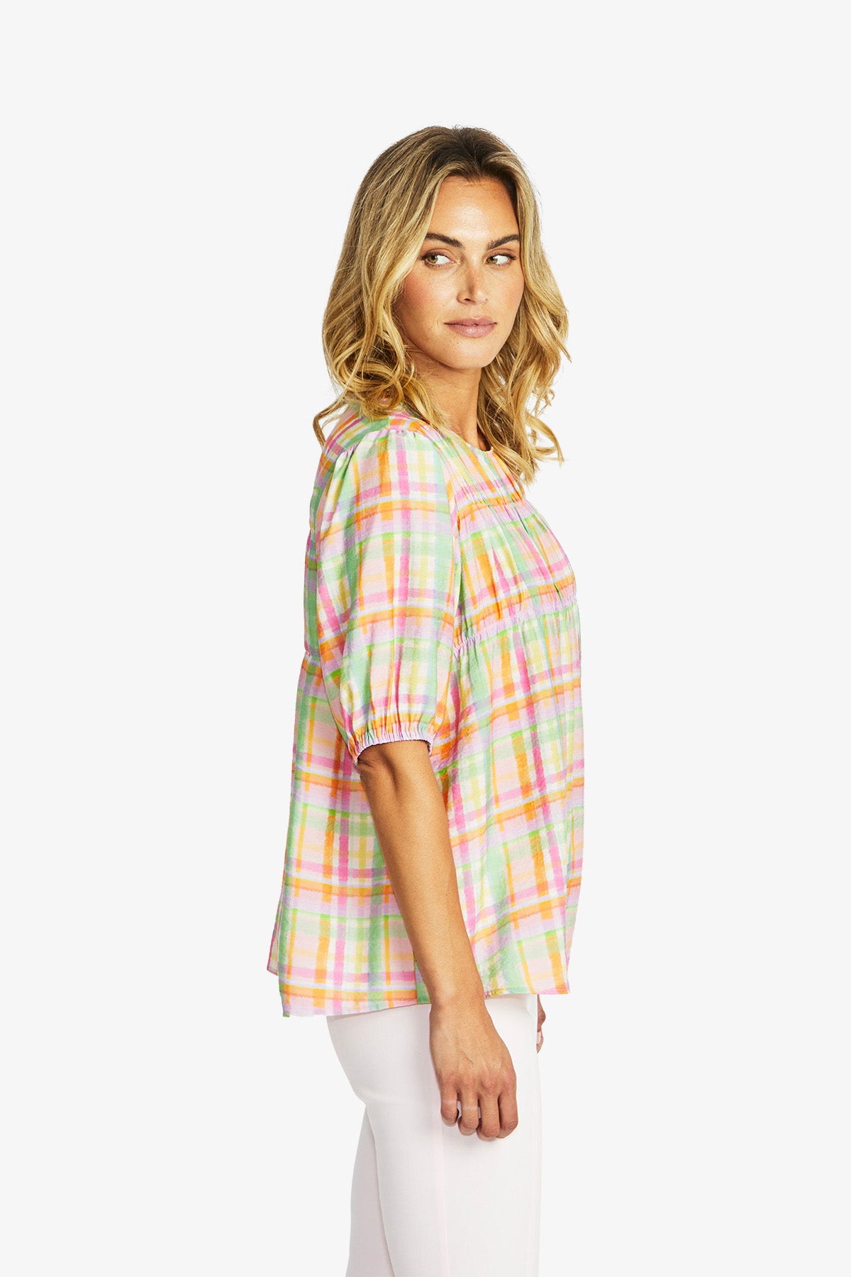 Women's Check Gathered Top Checkerboard in Multicolour | Lizzy