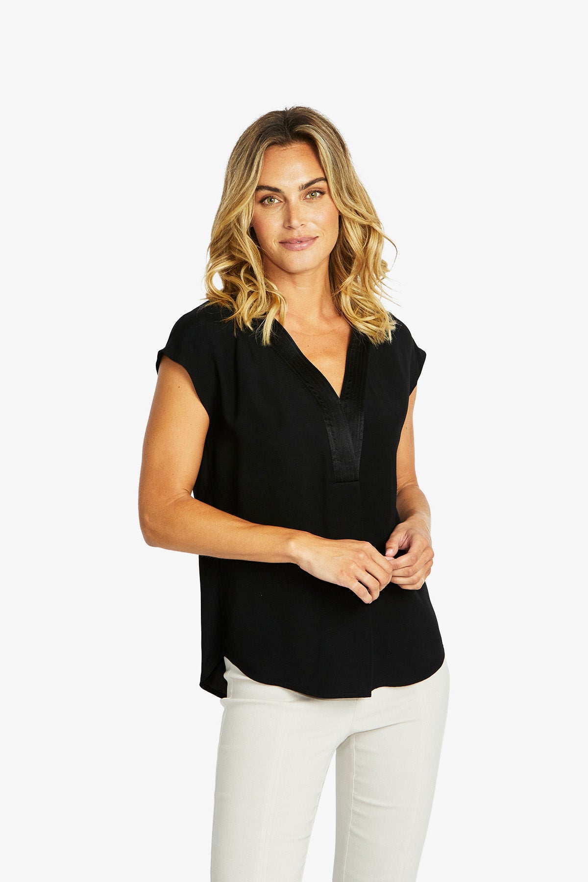 Helen V-Neck Slinky Top in Black