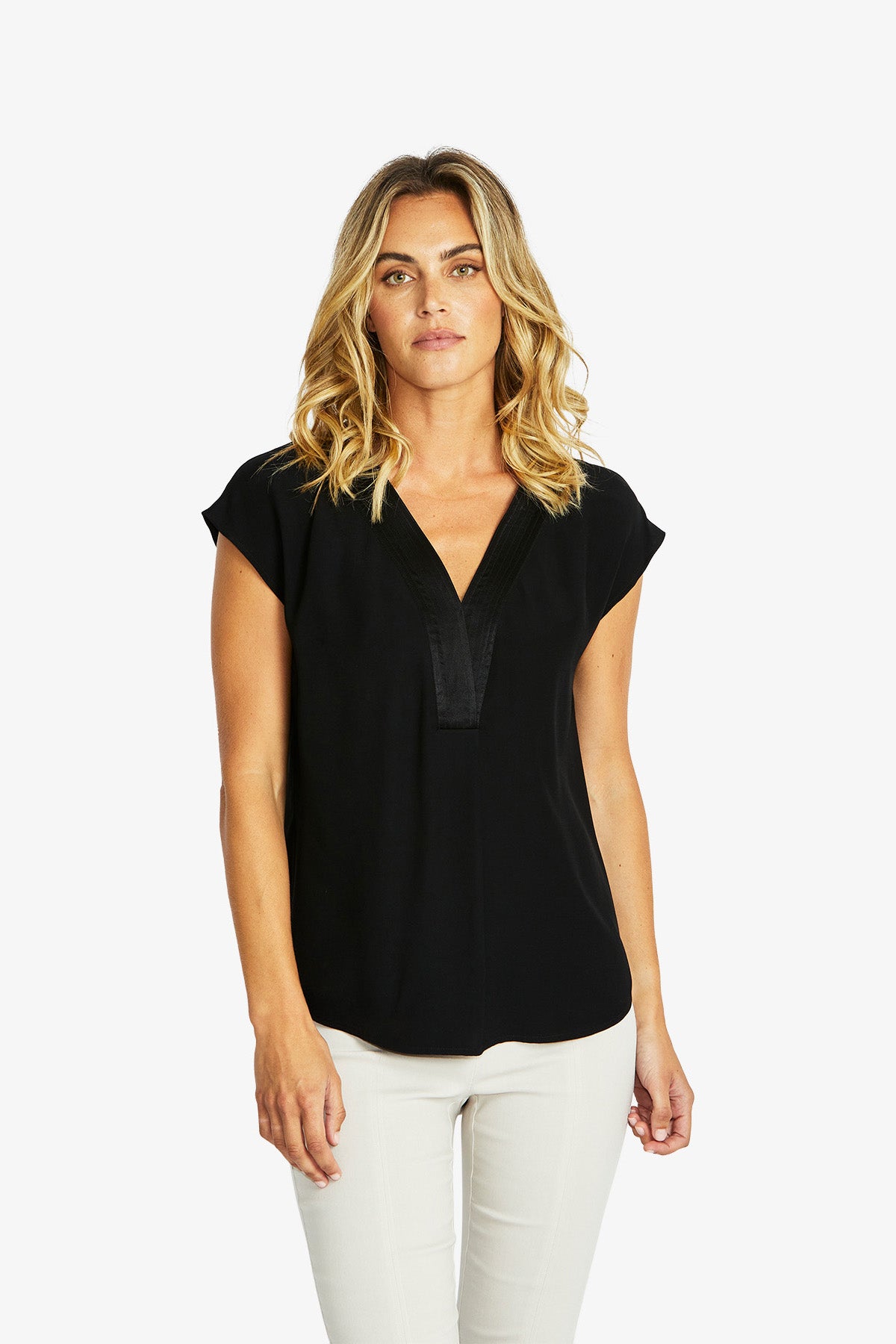 Helen V-Neck Slinky Top in Black
