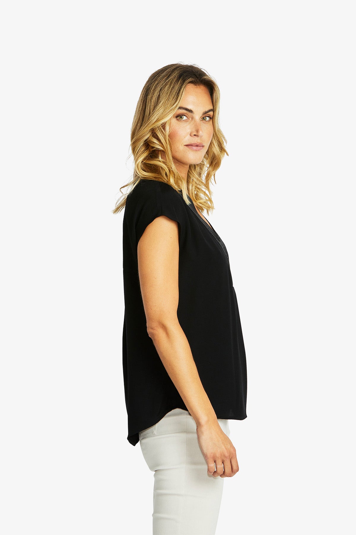 Helen V-Neck Slinky Top in Black