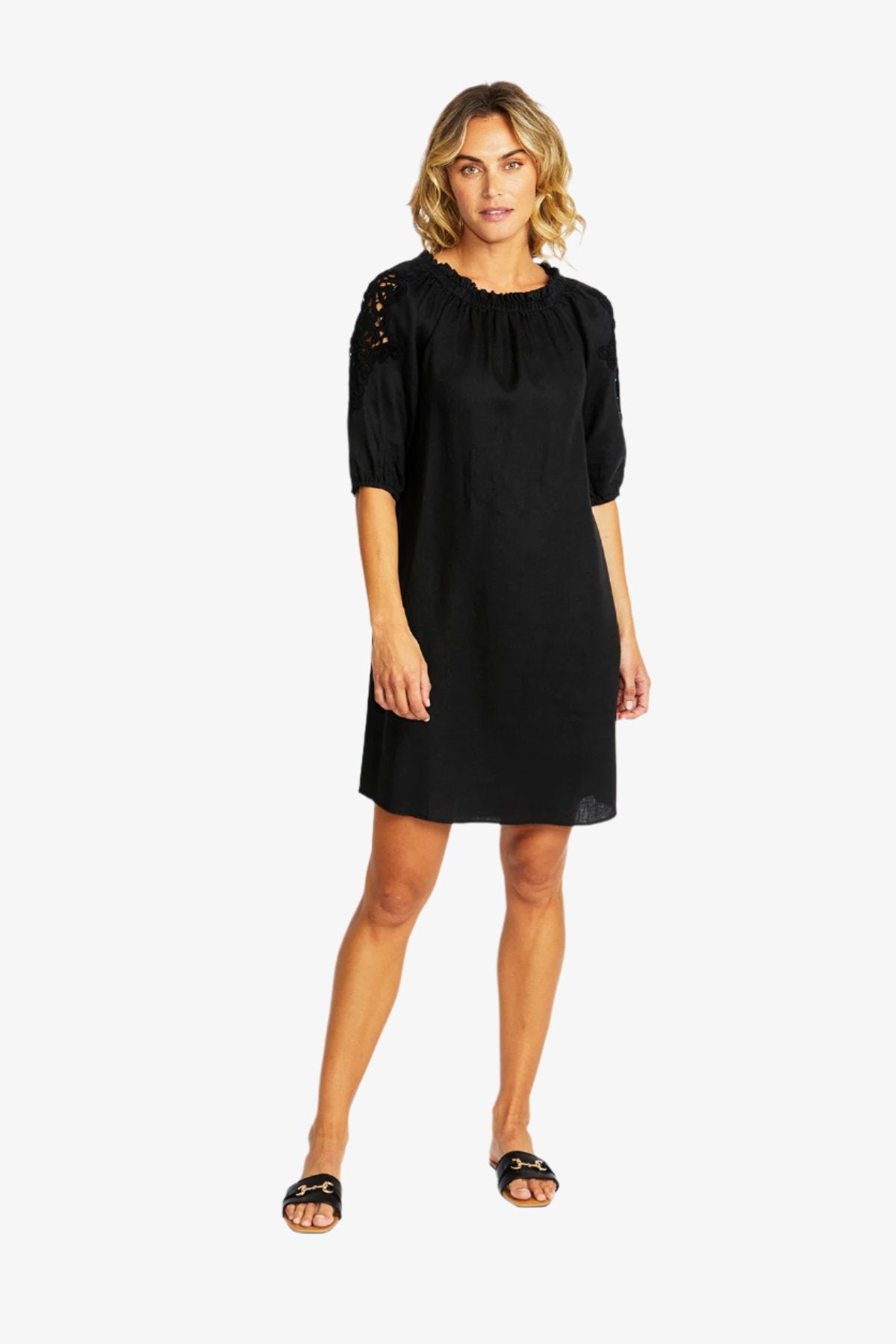 Jojo Linen Lace Trim Dress in Black