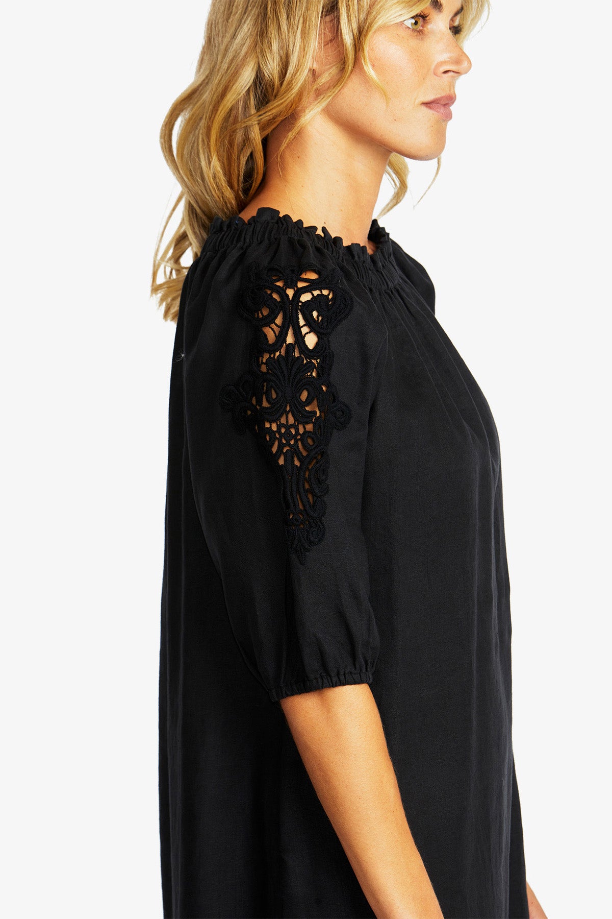 Jojo Linen Lace Trim Dress in Black