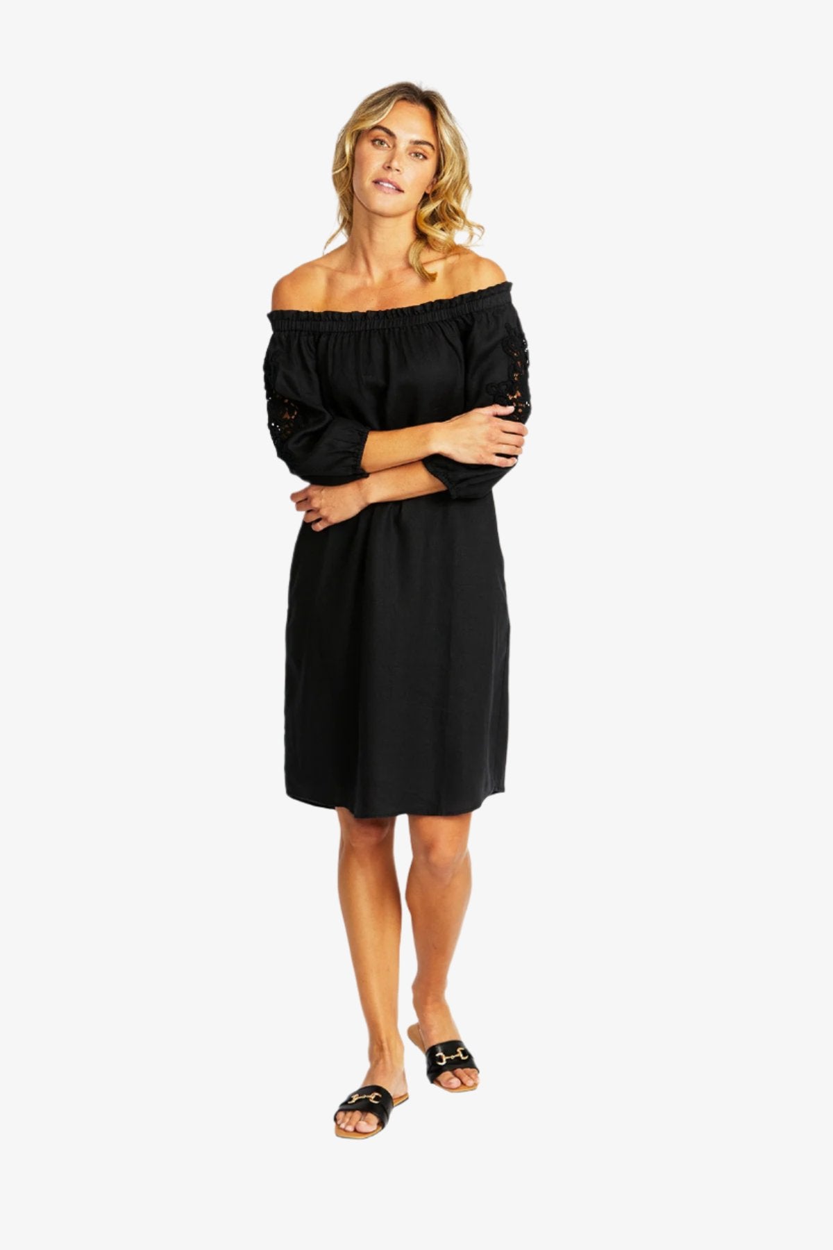 Jojo Linen Lace Trim Dress in Black