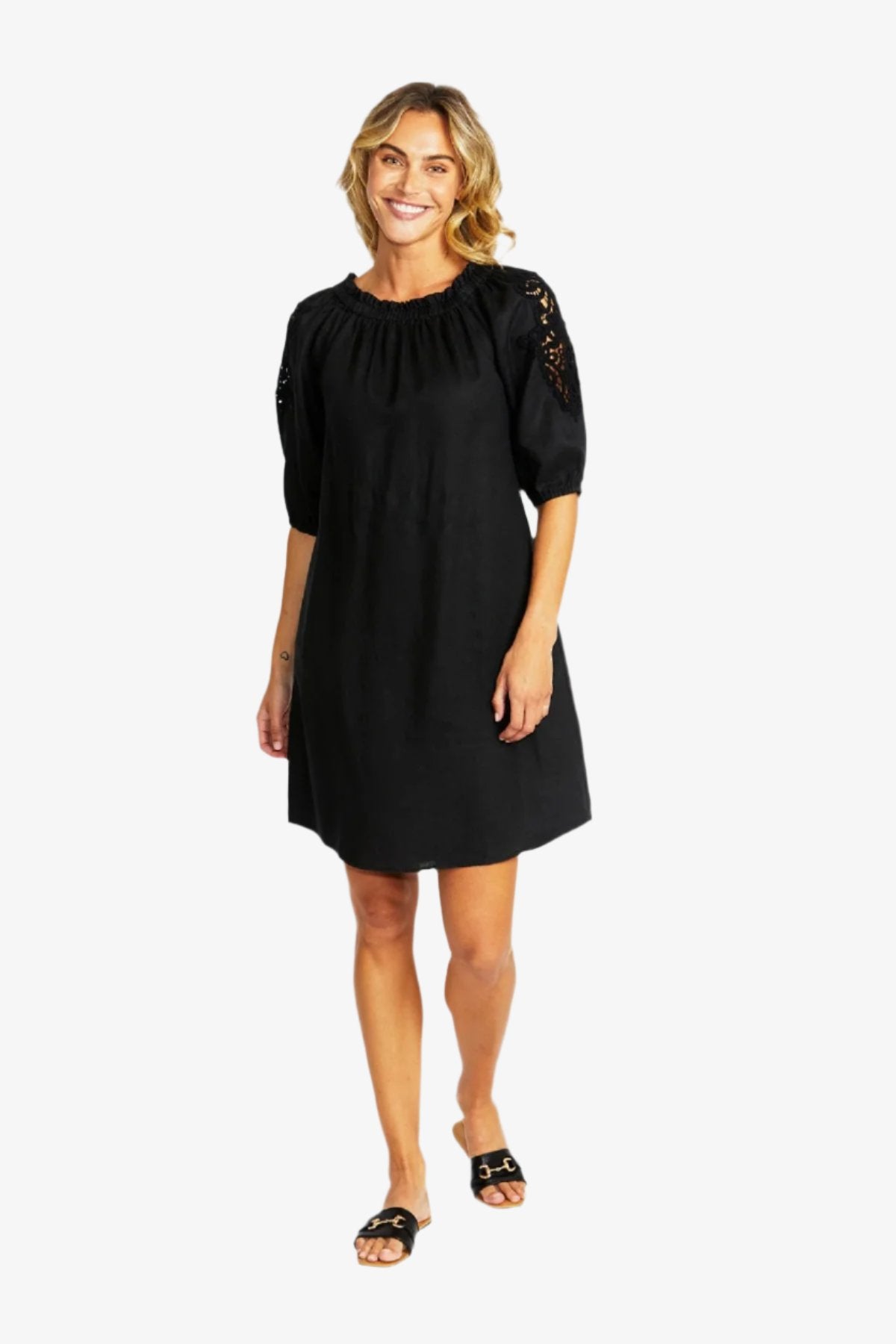 Jojo Linen Lace Trim Dress in Black