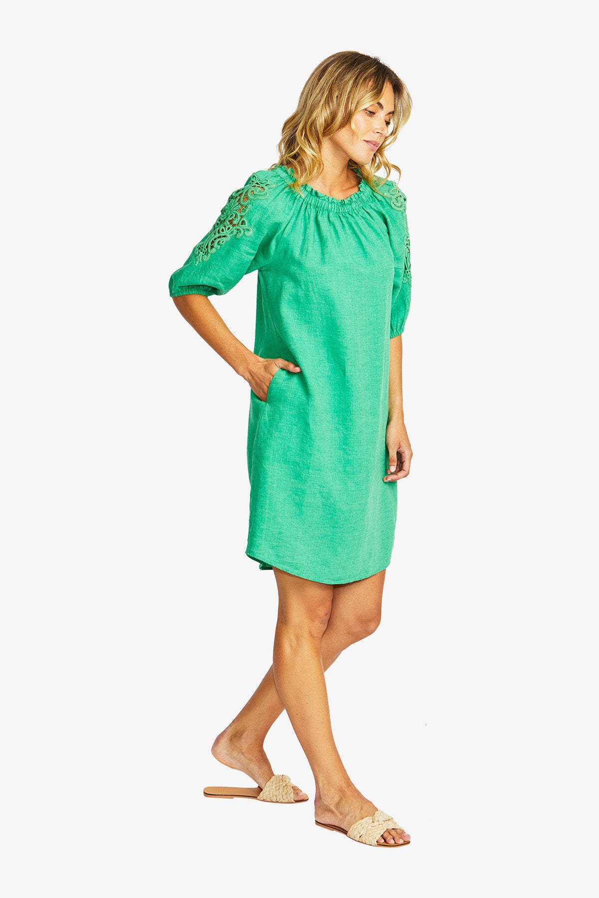 Jojo Linen Lace Trim Dress in Parrot
