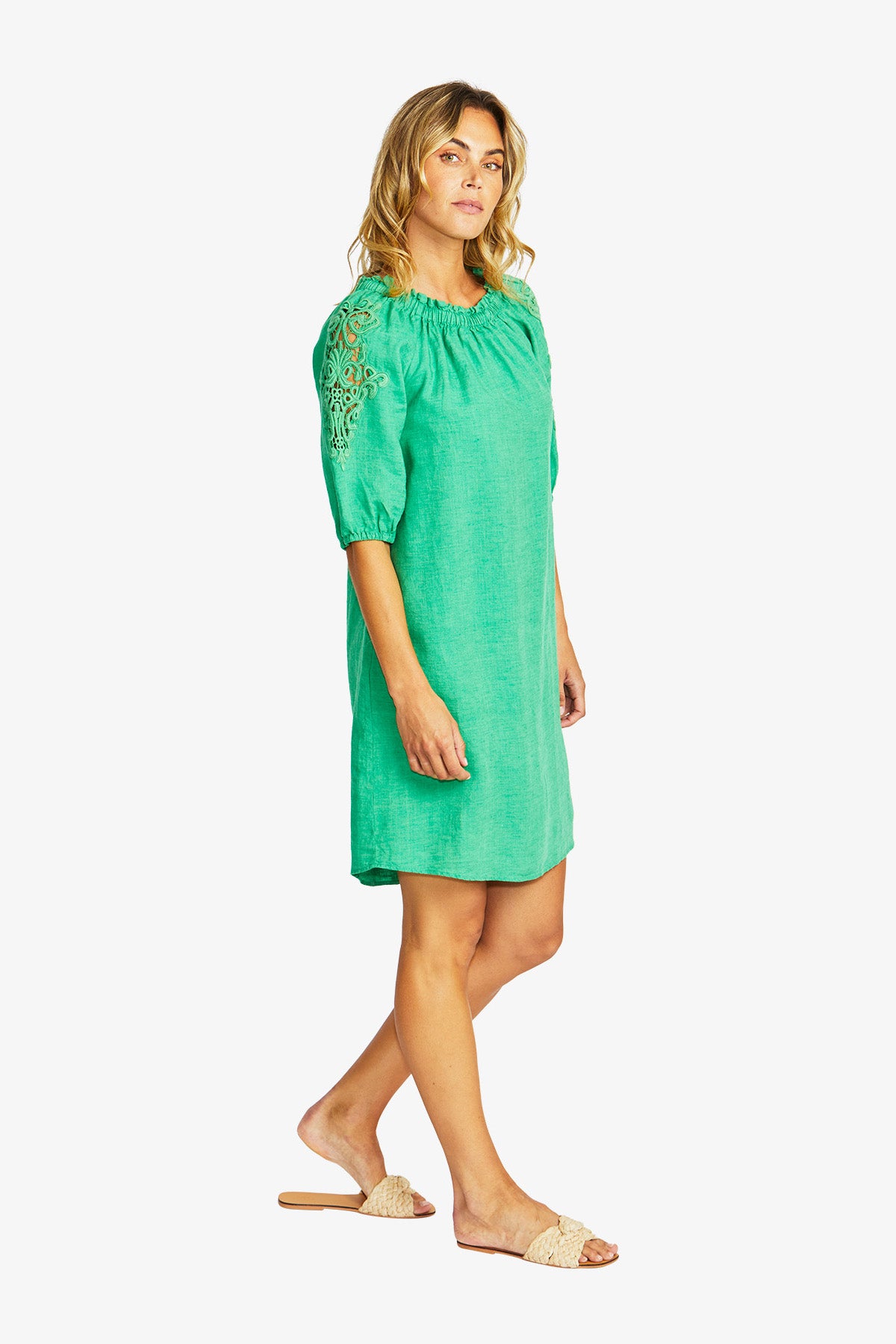 Jojo Linen Lace Trim Dress in Parrot
