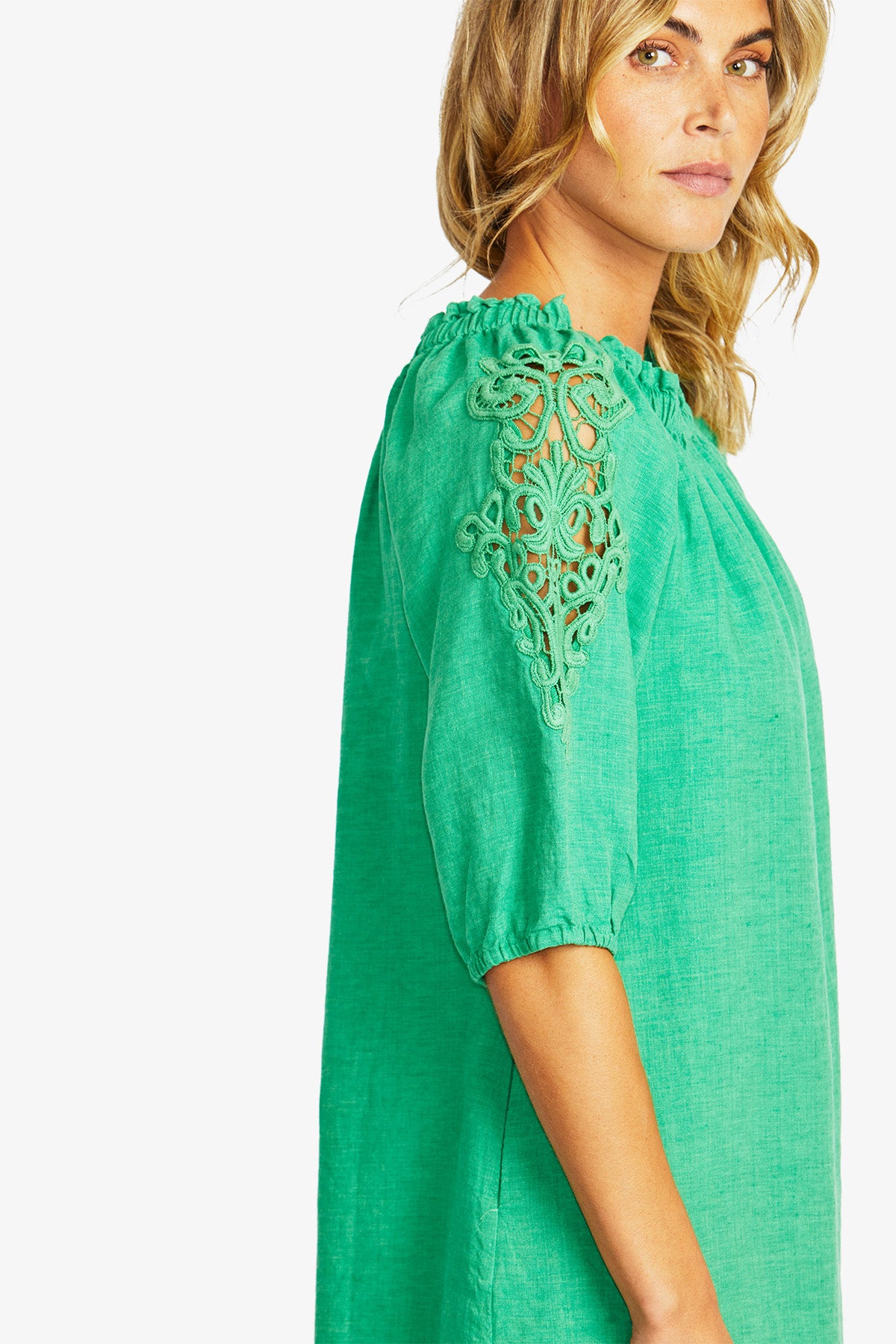 Jojo Linen Lace Trim Dress in Parrot