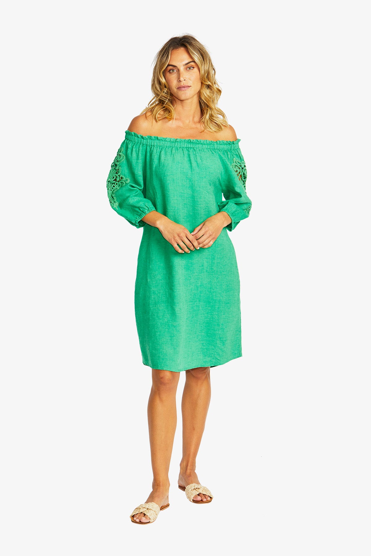 Jojo Linen Lace Trim Dress in Parrot