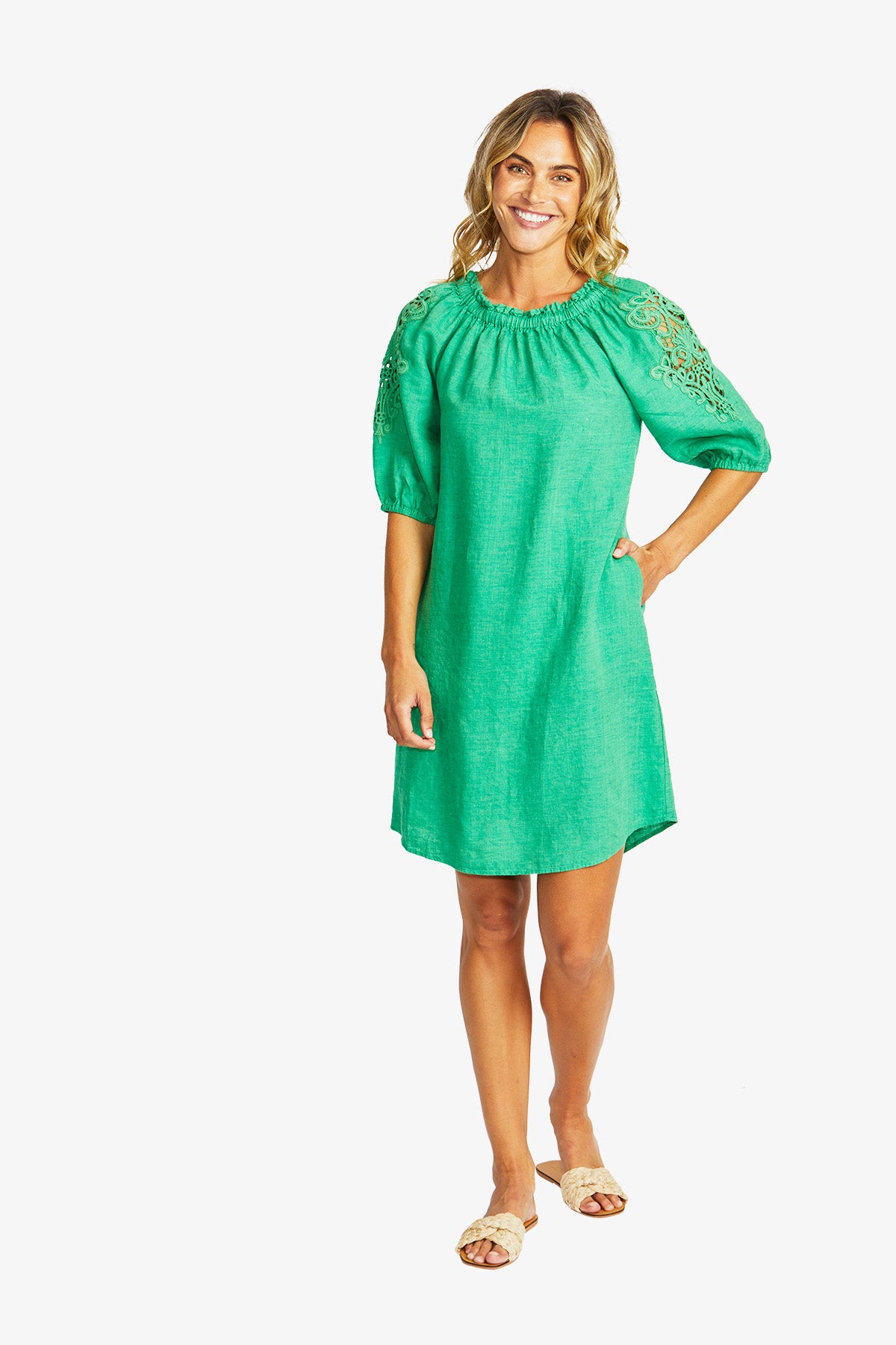 Jojo Linen Lace Trim Dress in Parrot