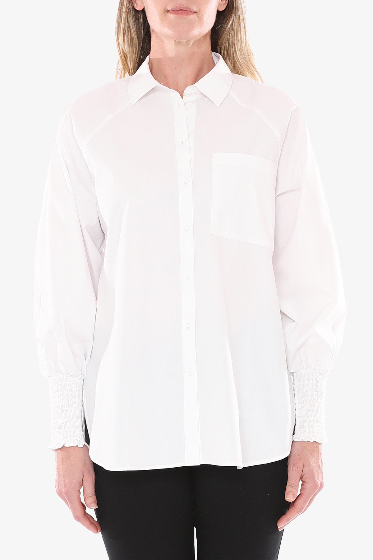 Women's Shirred Cuff Boyfriend Shirt in White