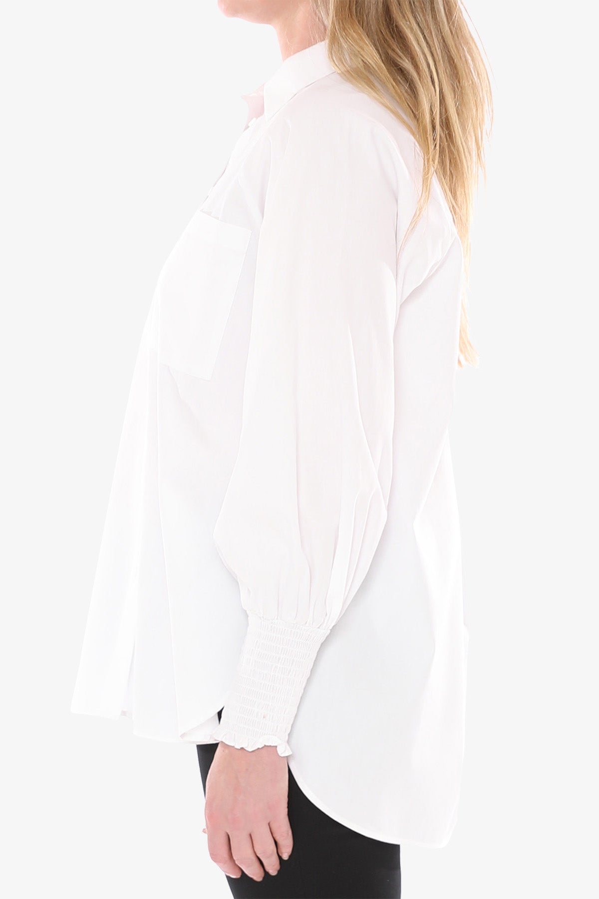 Women's Shirred Cuff Boyfriend Shirt in White