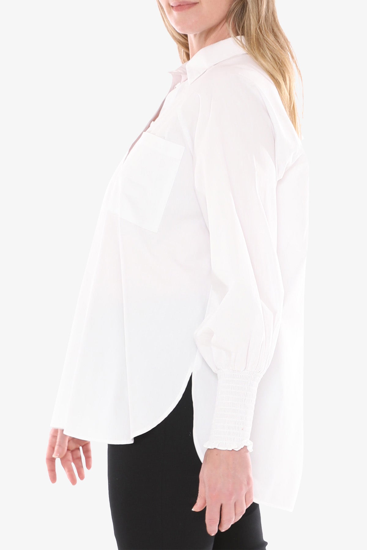 Women's Shirred Cuff Boyfriend Shirt in White