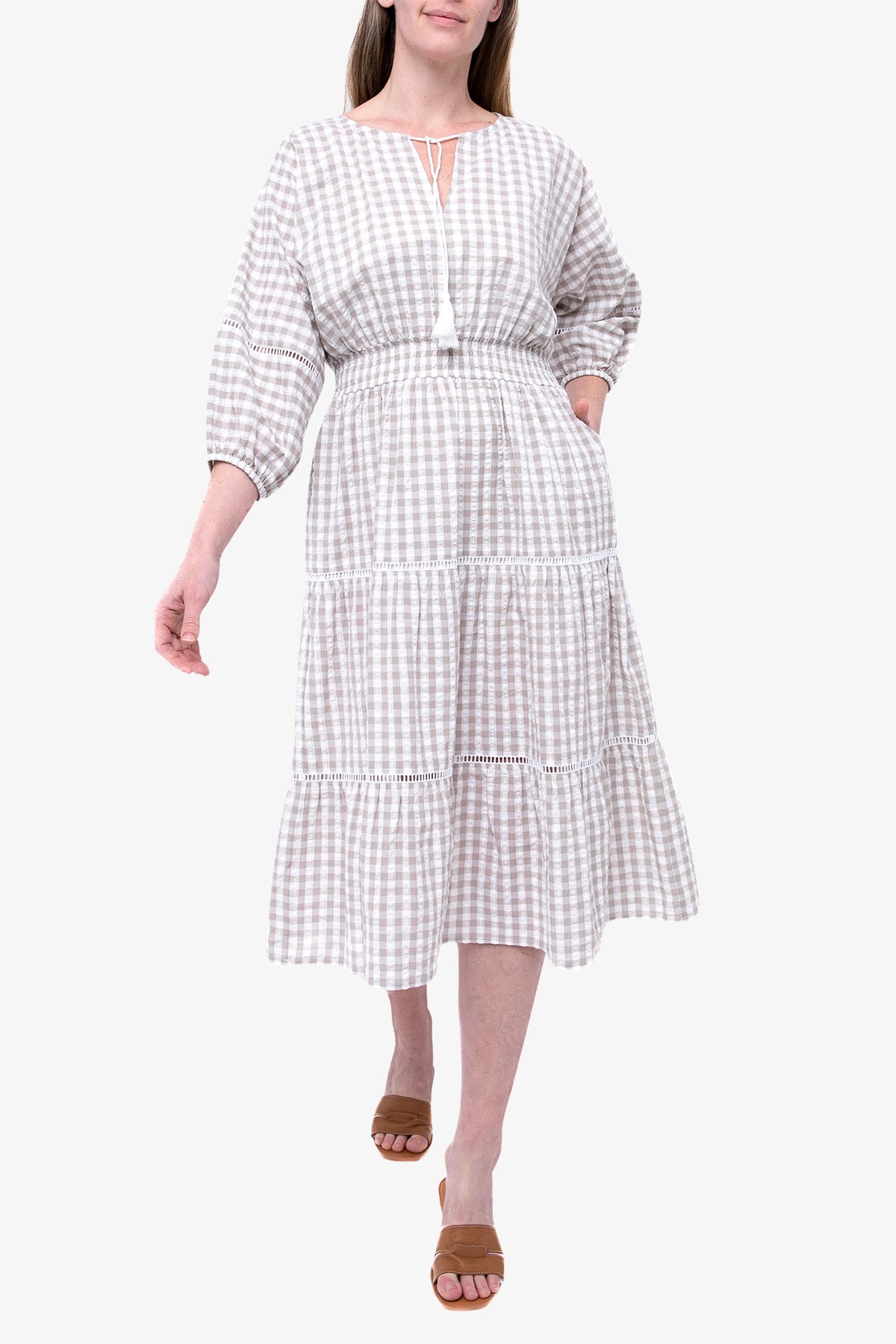 Shirred Waist Gingham Dress White Flax