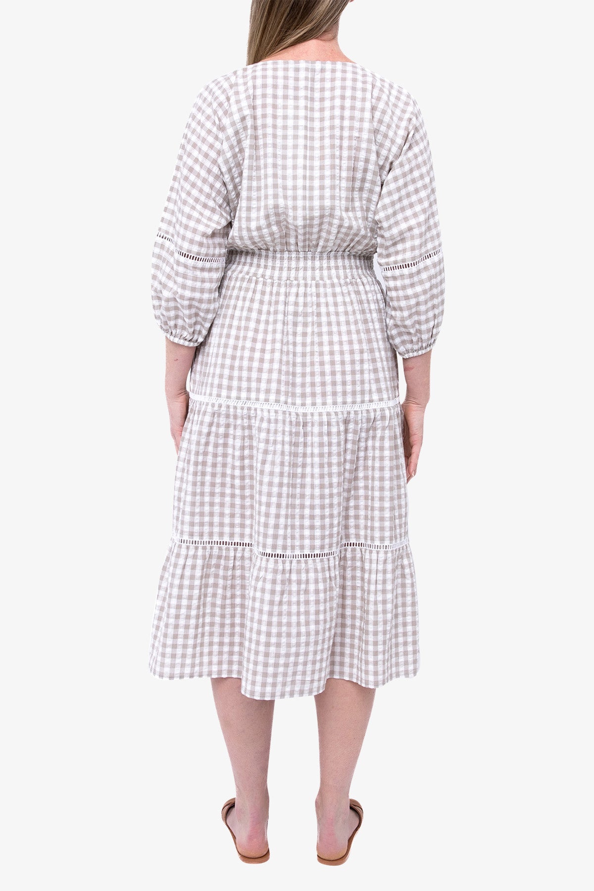 Shirred Waist Gingham Dress White Flax