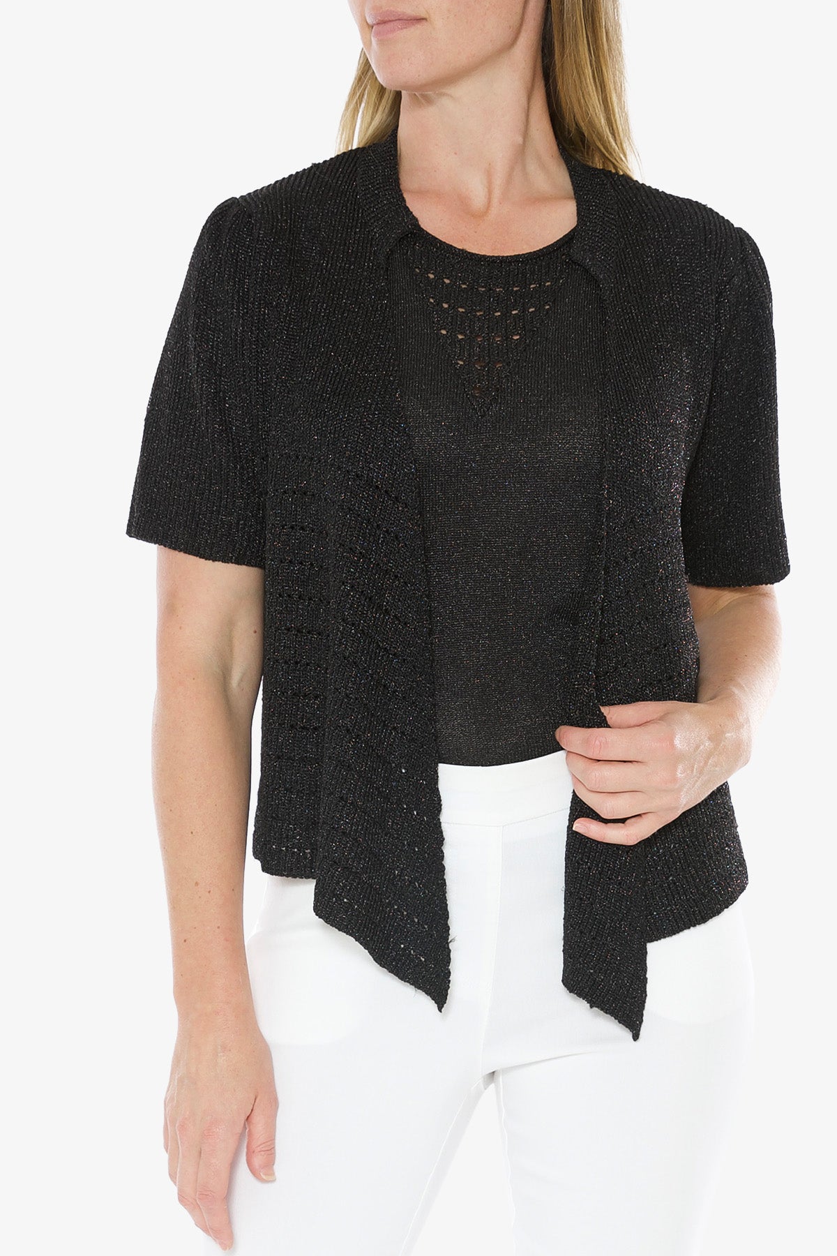 Short Sleeve Lurex Cardigan Black