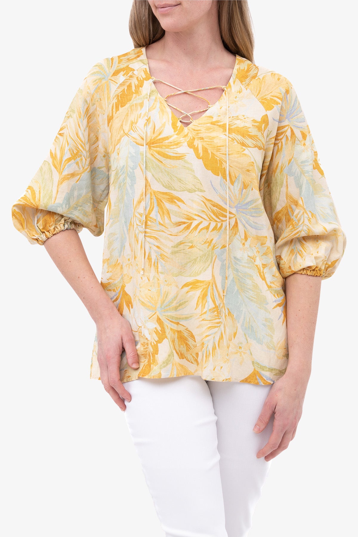 Ethereal Print Lace Up Blouse Yellow
