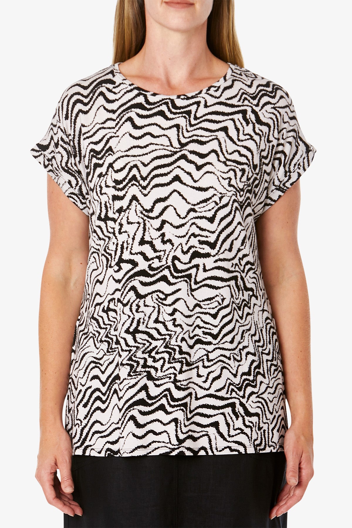 Longline Squiggle Print Top Black