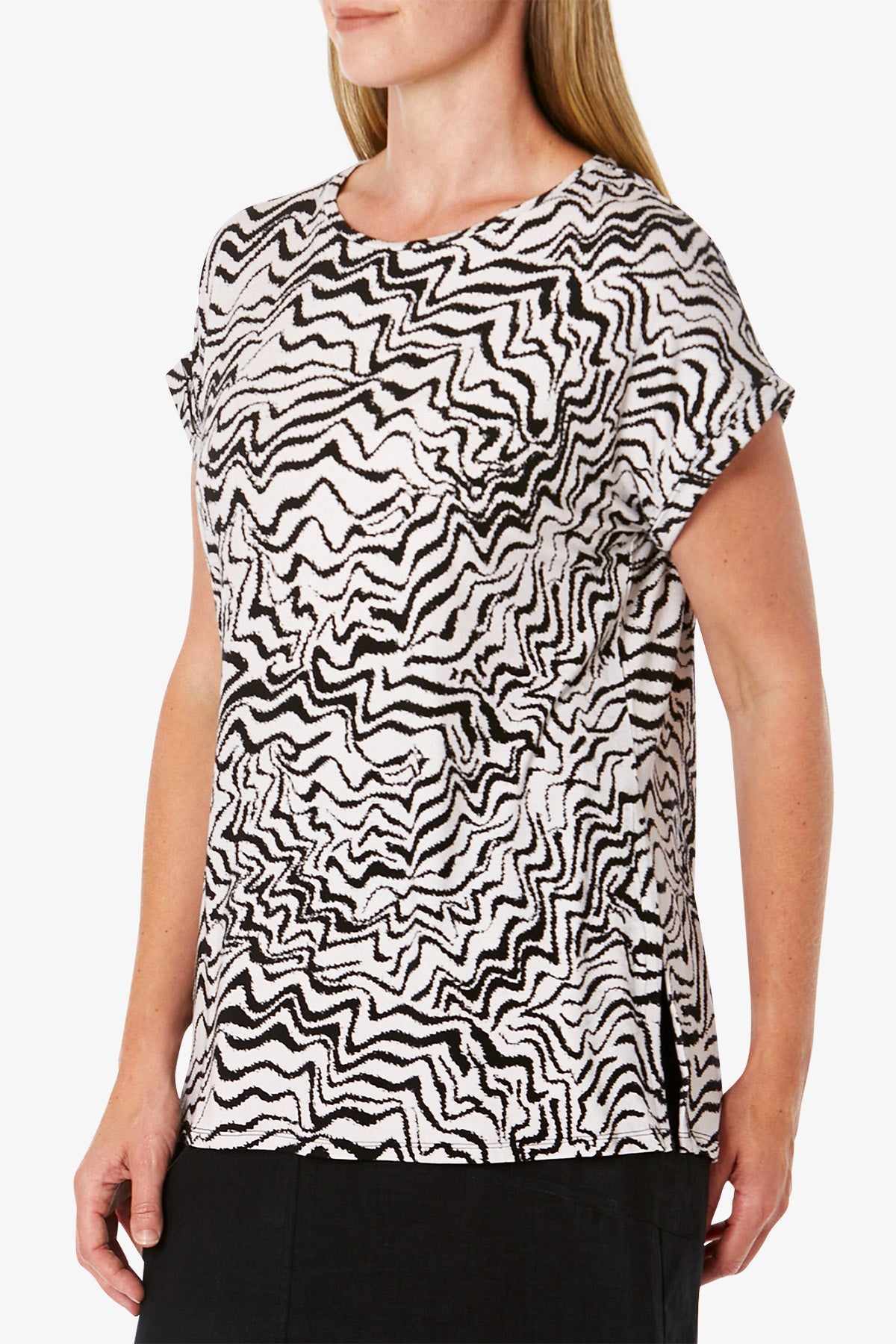 Longline Squiggle Print Top Black