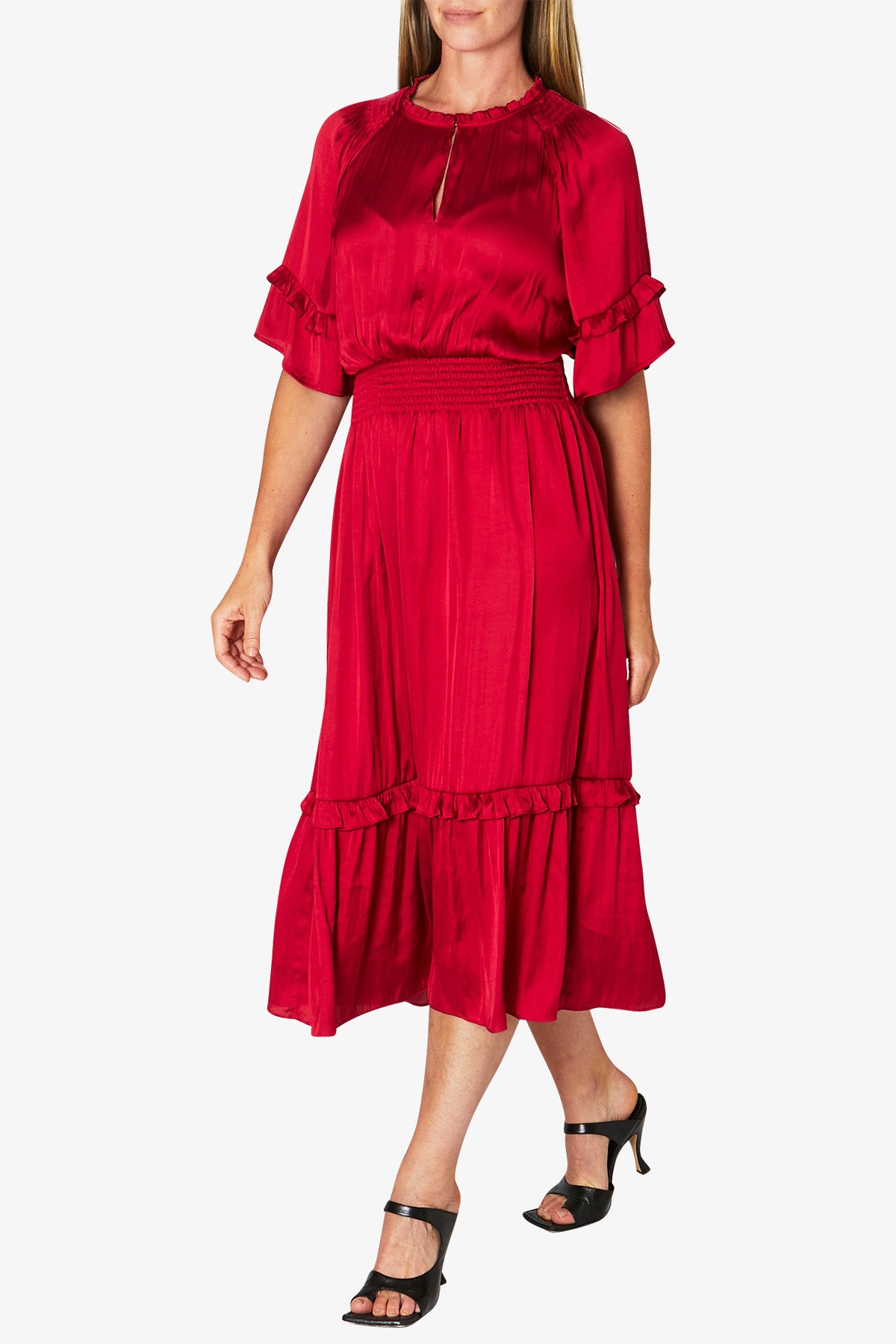 Ruffle Detail Midi Dress Red