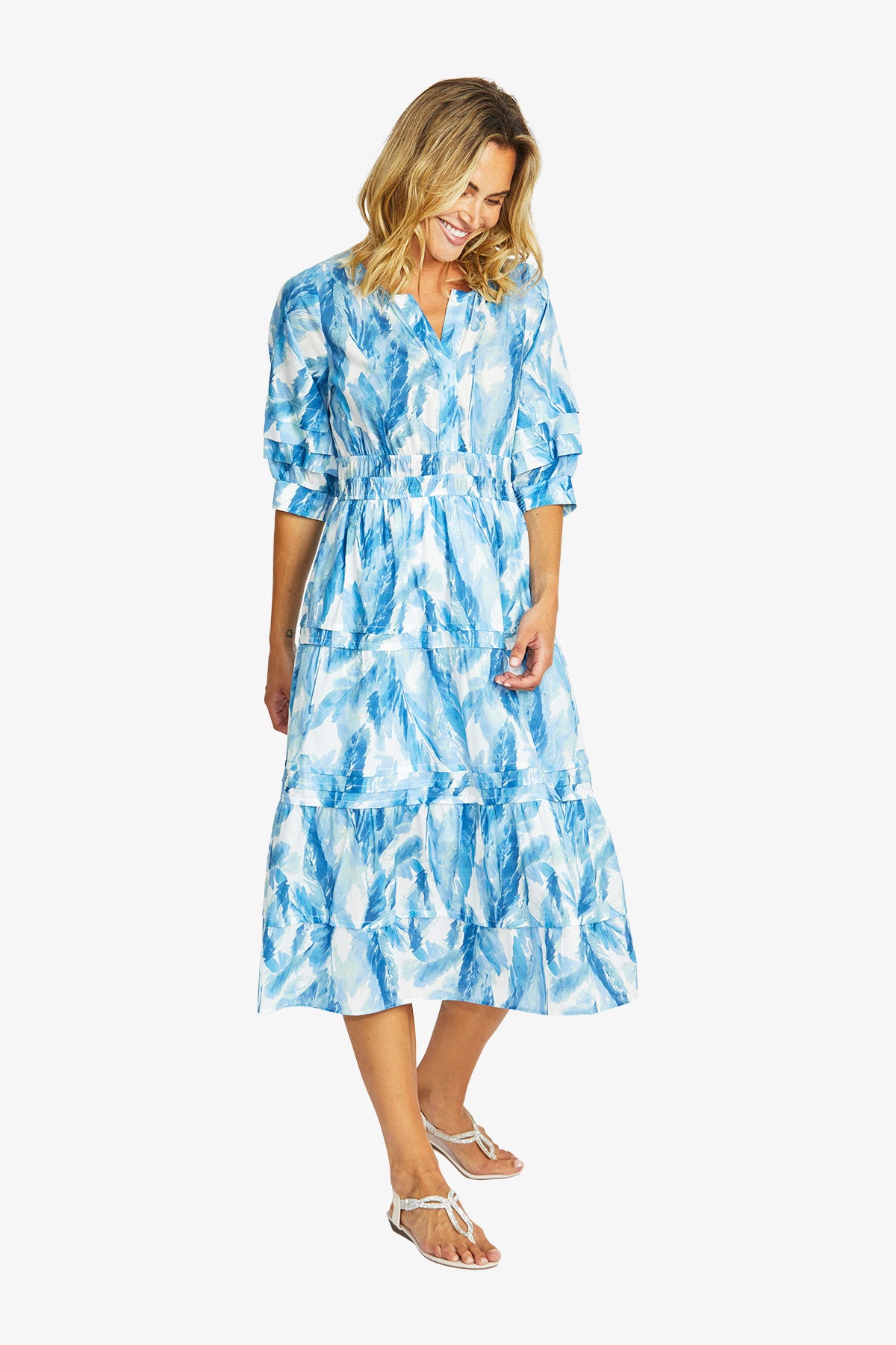 Women's Shirred Dress in Porcelain Blue Print | Chloe