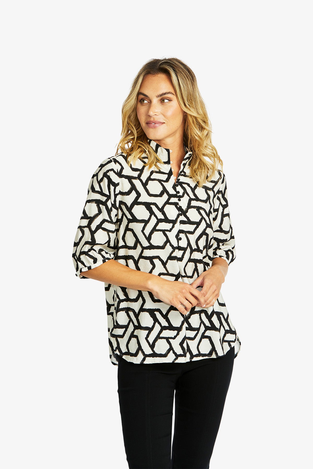 Women's Button Top Print in Black | Camille