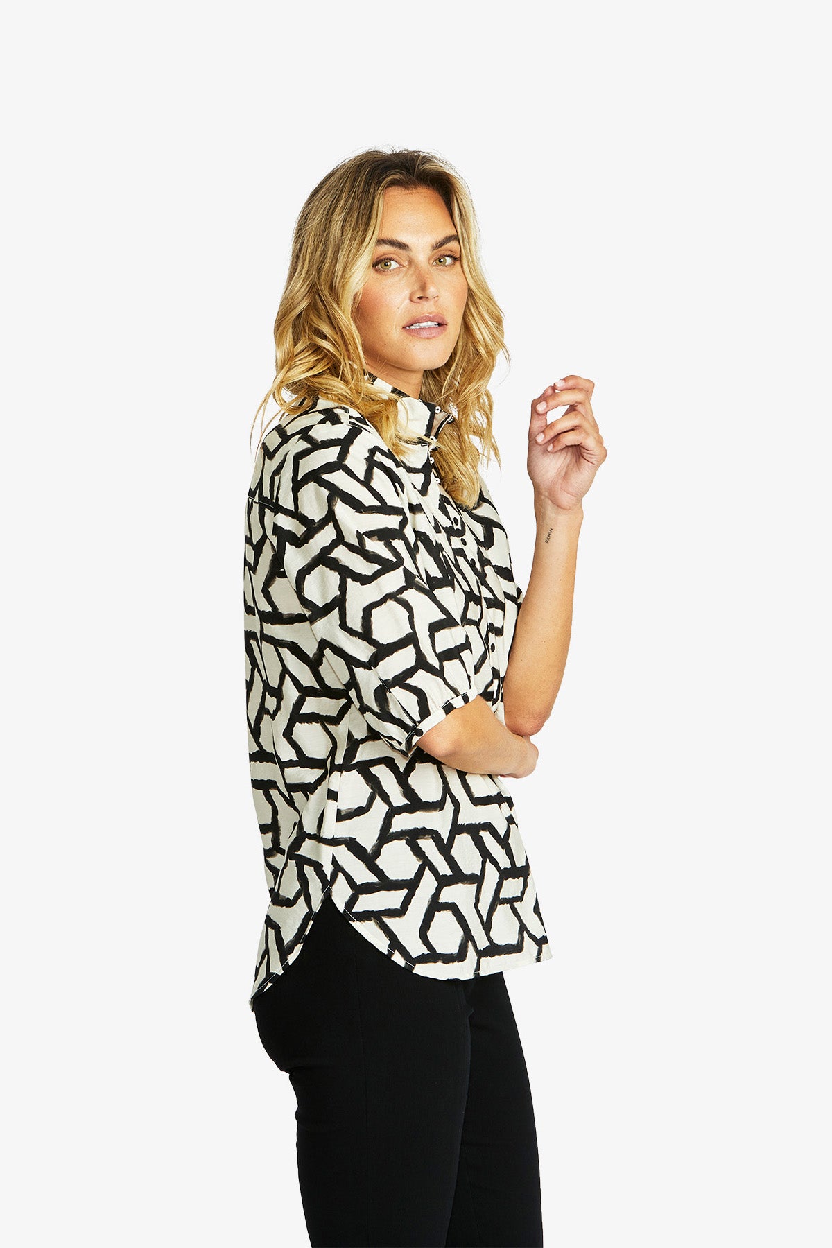 Women's Button Top Print in Black | Camille
