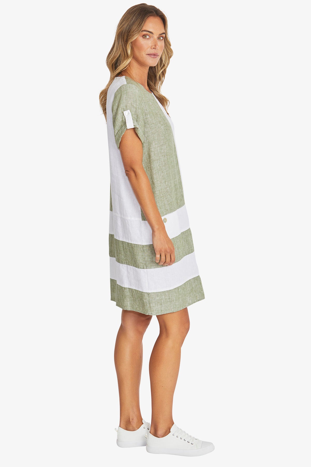 Womens Colour Block Linen Dress Green P595542