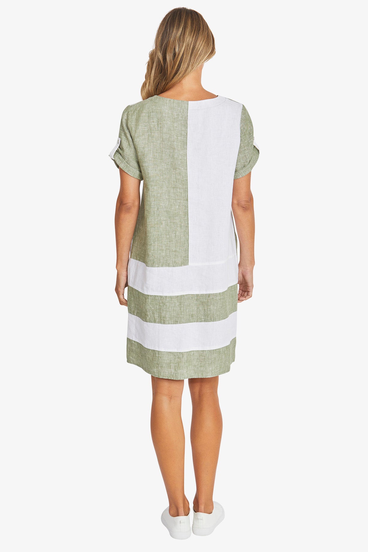 Womens Colour Block Linen Dress Green P595542