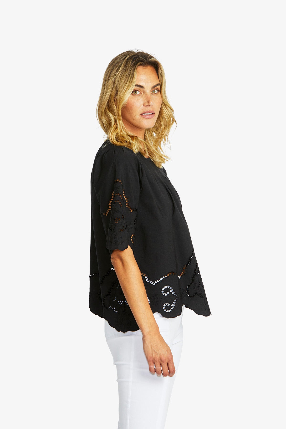 Women's Cut Work Top in Black | Emma