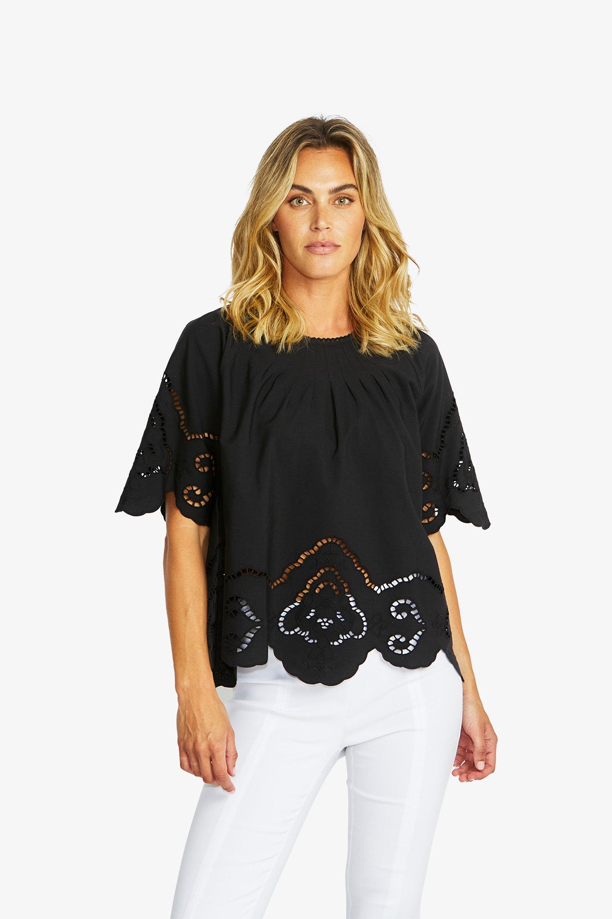 Women's Cut Work Top in Black | Emma