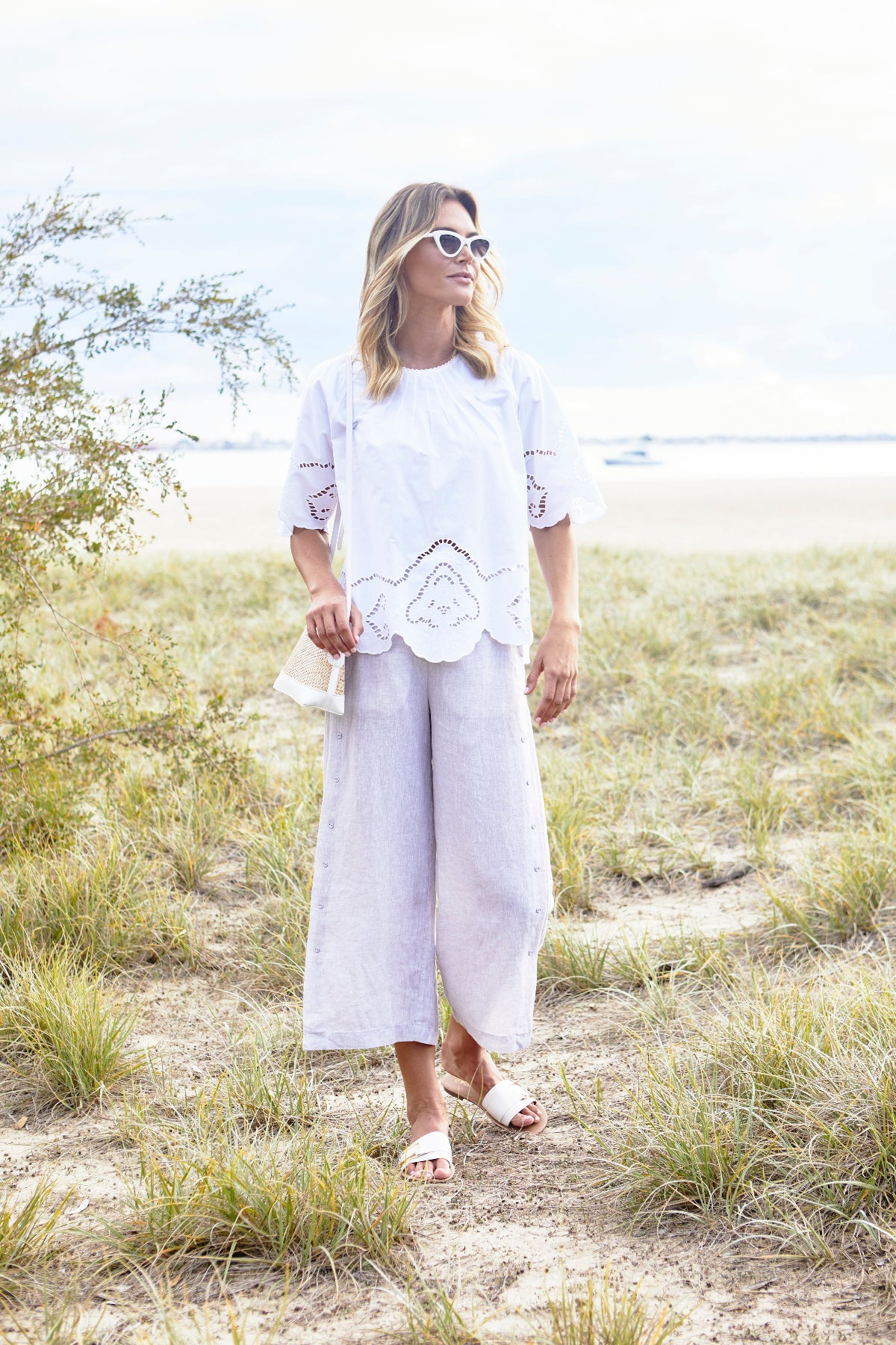 Women's Cut Work Top in White | Emma