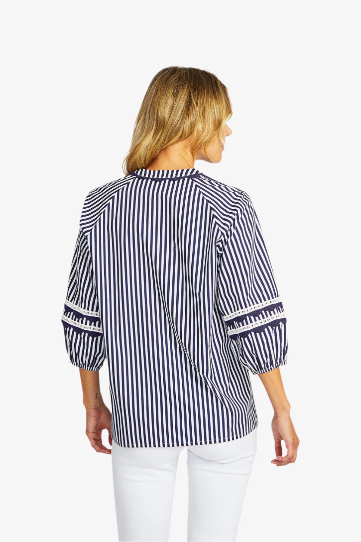 Delia Ric Rac Blouse in White and Navy