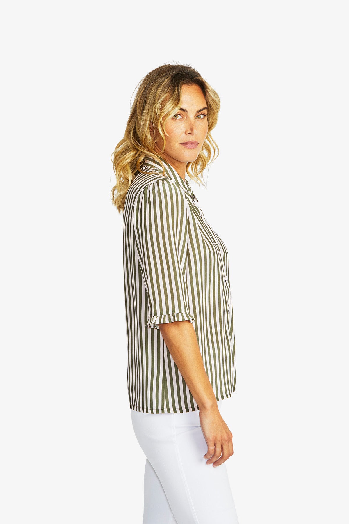 Women's Frill Stripe Shirt in Fairyfloss and Khaki Green | Rita