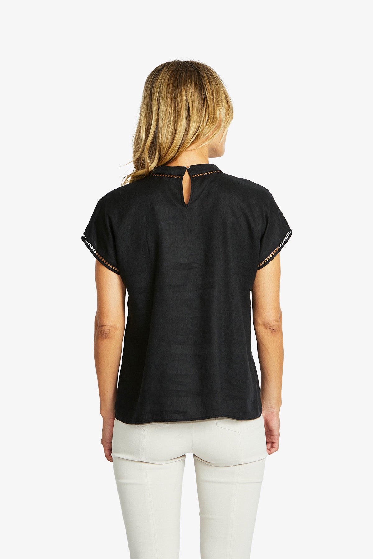 Jade Linen Trim Top in Black