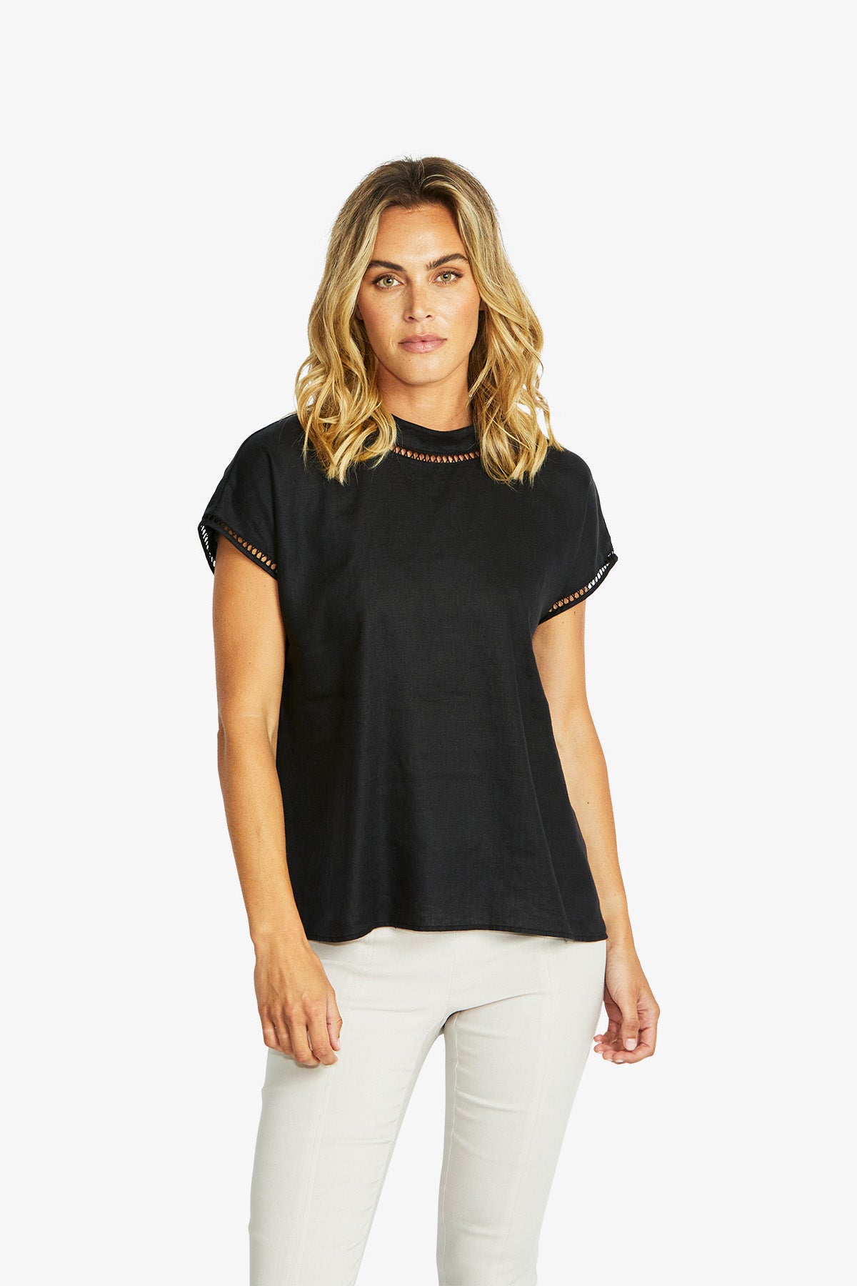 Jade Linen Trim Top in Black