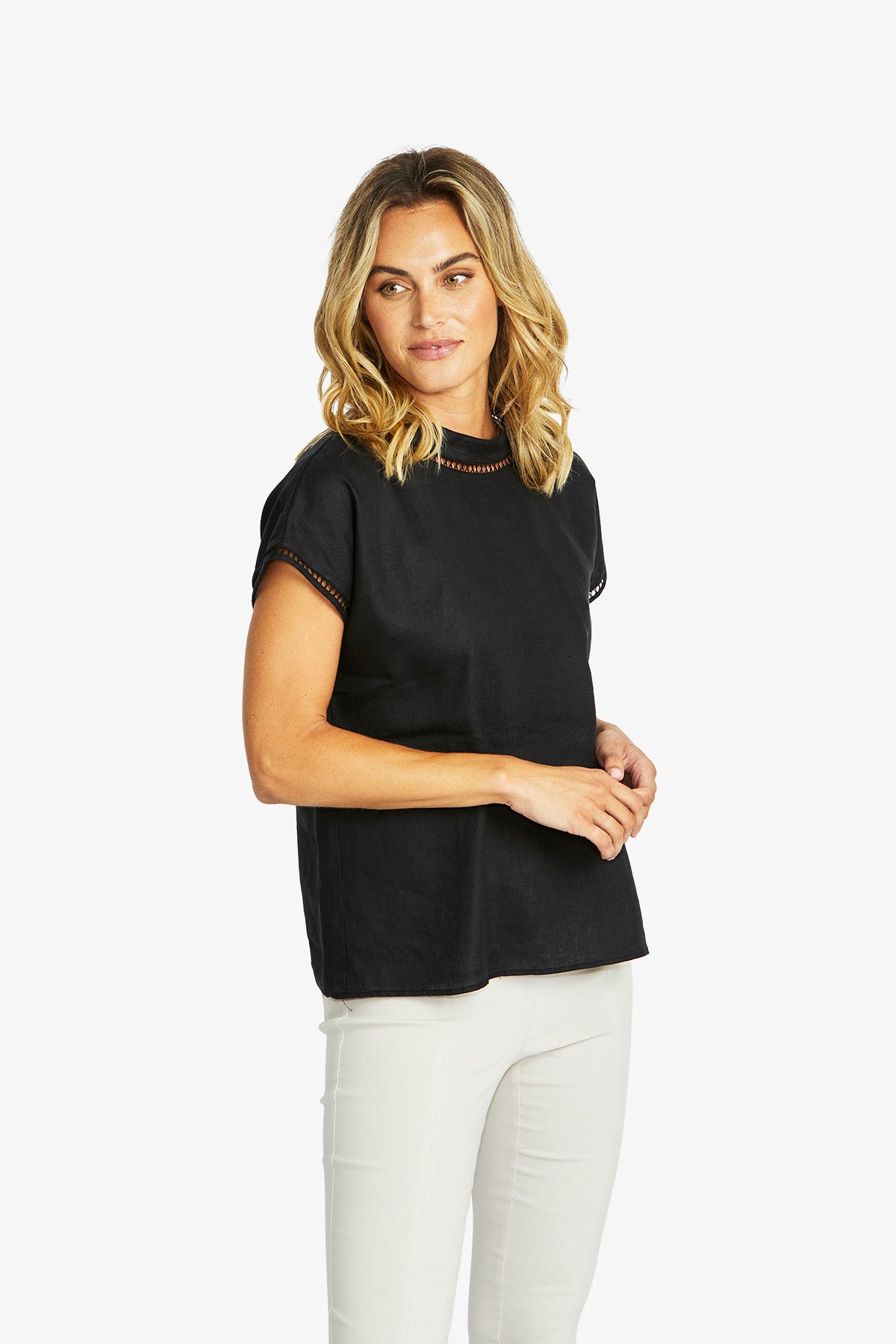 Jade Linen Trim Top in Black