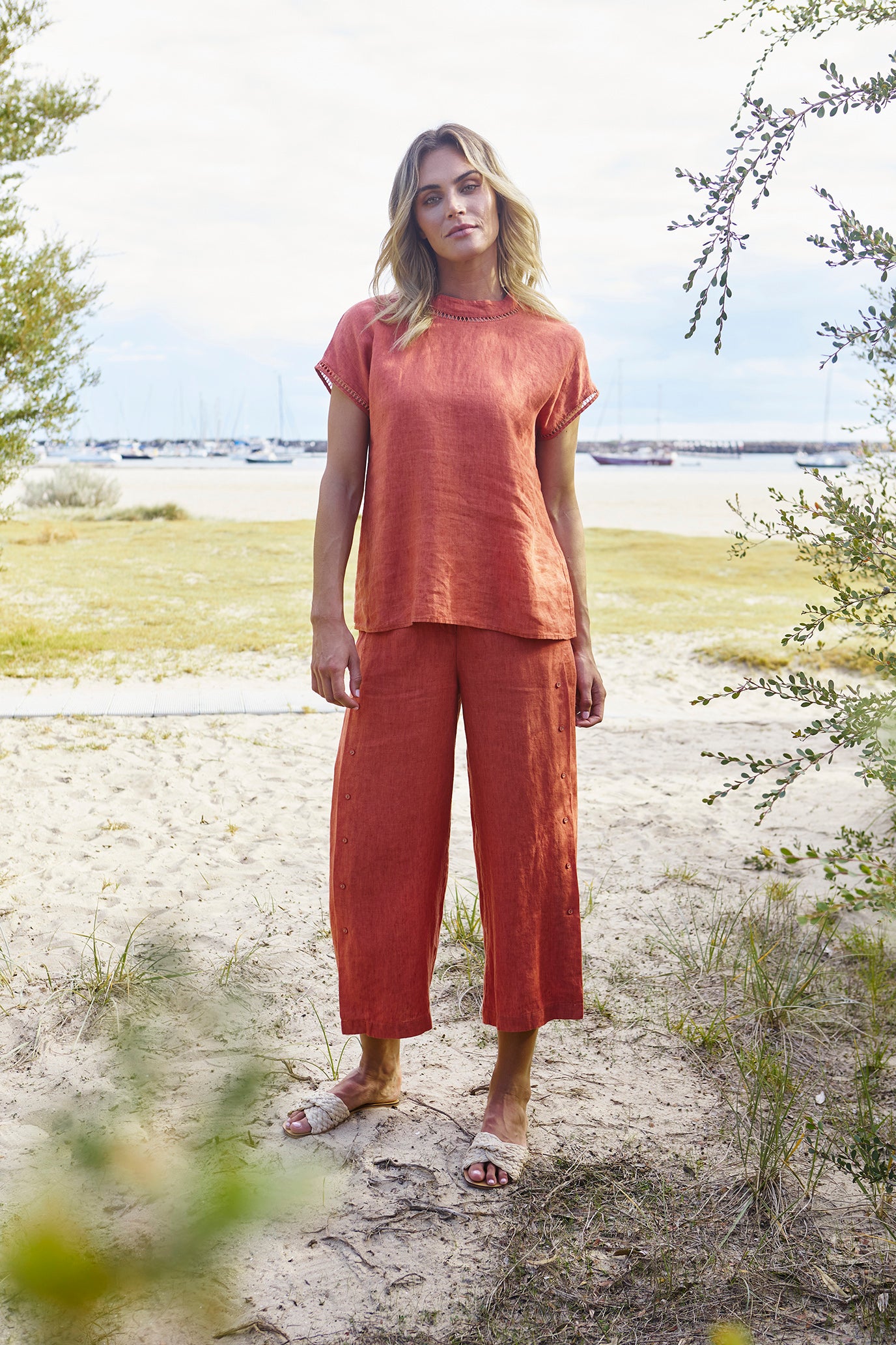 Jade Linen Trim Top in Sienna
