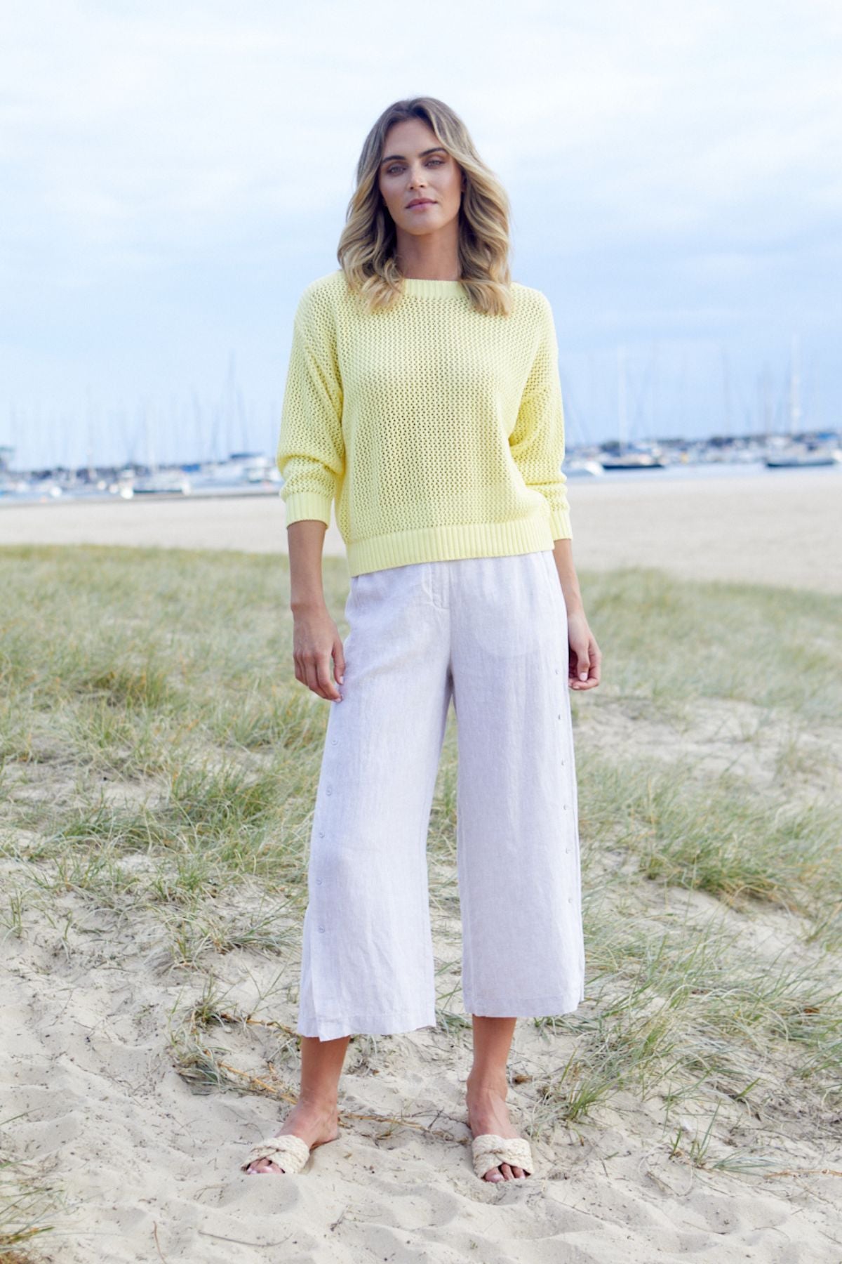 Women's Linen Button Culotte in Flax Beige | Gaby