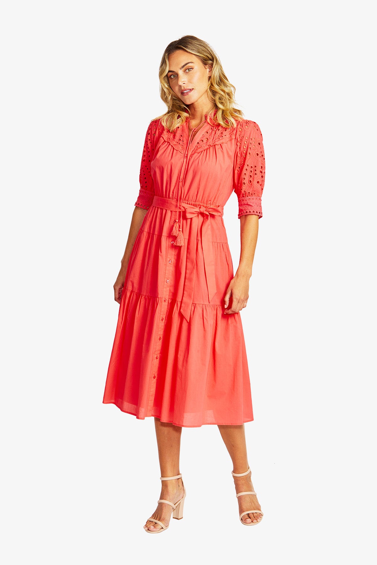 Rose Broderie Dress in Coral