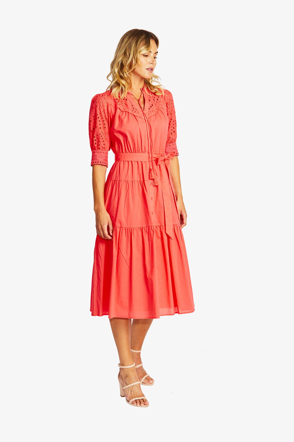 Rose Broderie Dress in Coral