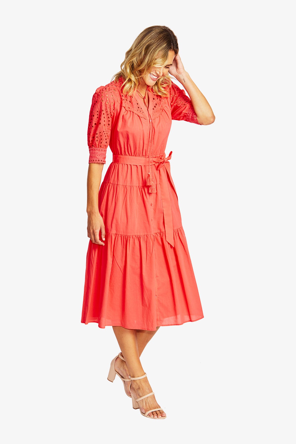 Rose Broderie Dress in Coral