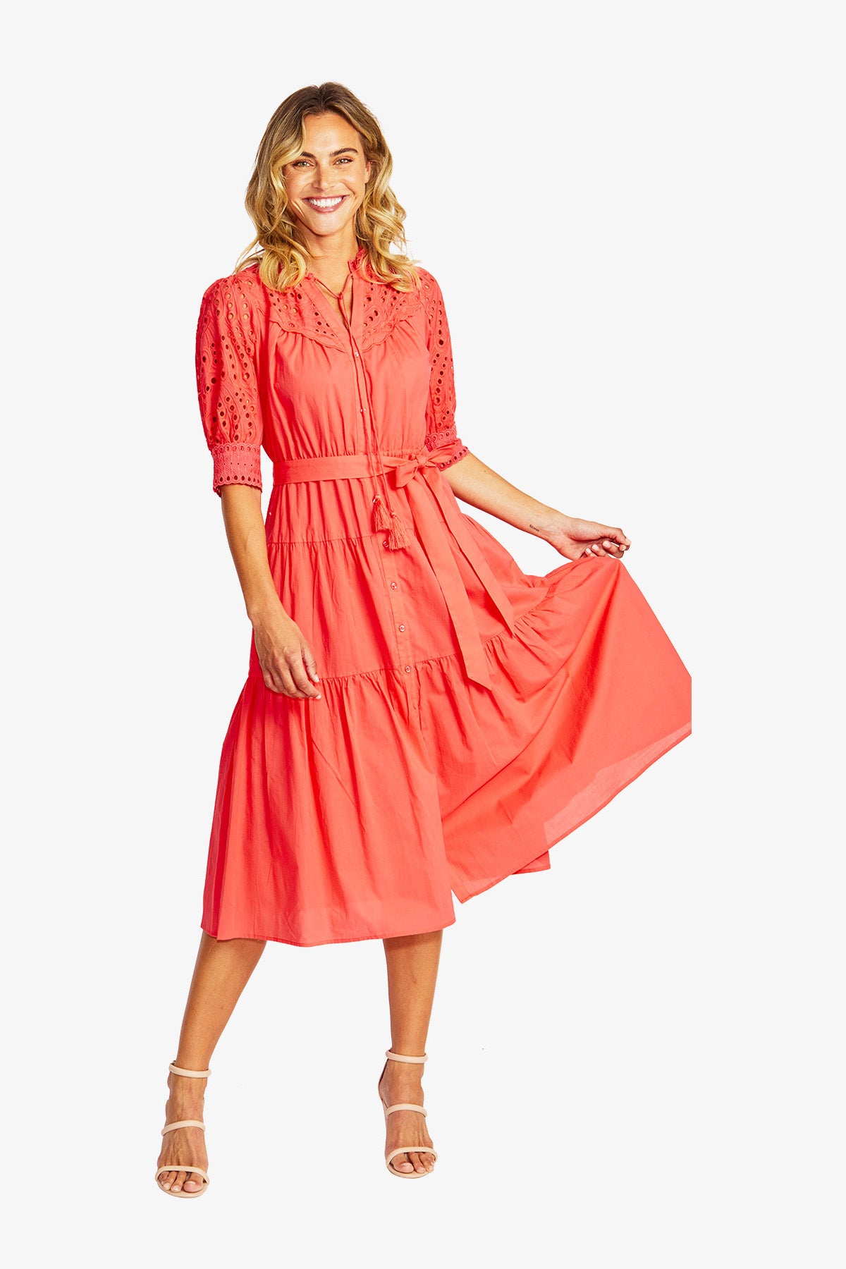 Rose Broderie Dress in Coral