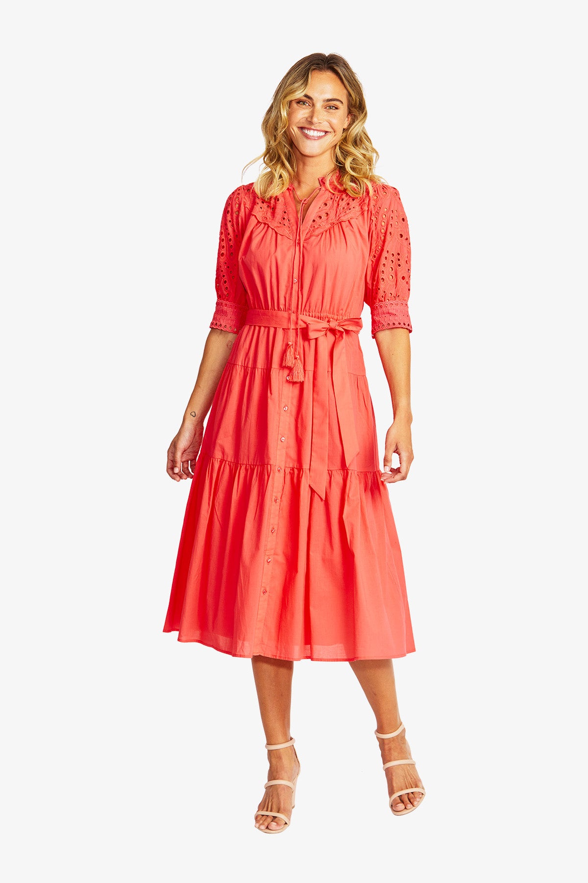 Rose Broderie Dress in Coral