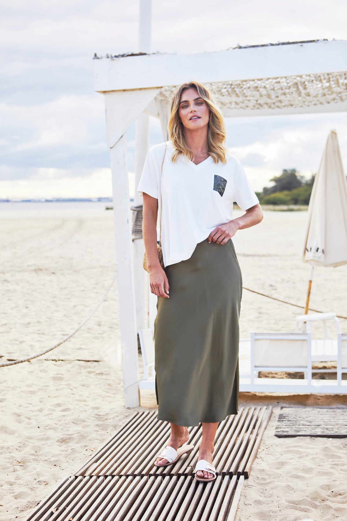 Women's Sequin T-Shirt in Ivory and Khaki Green | Shiloh