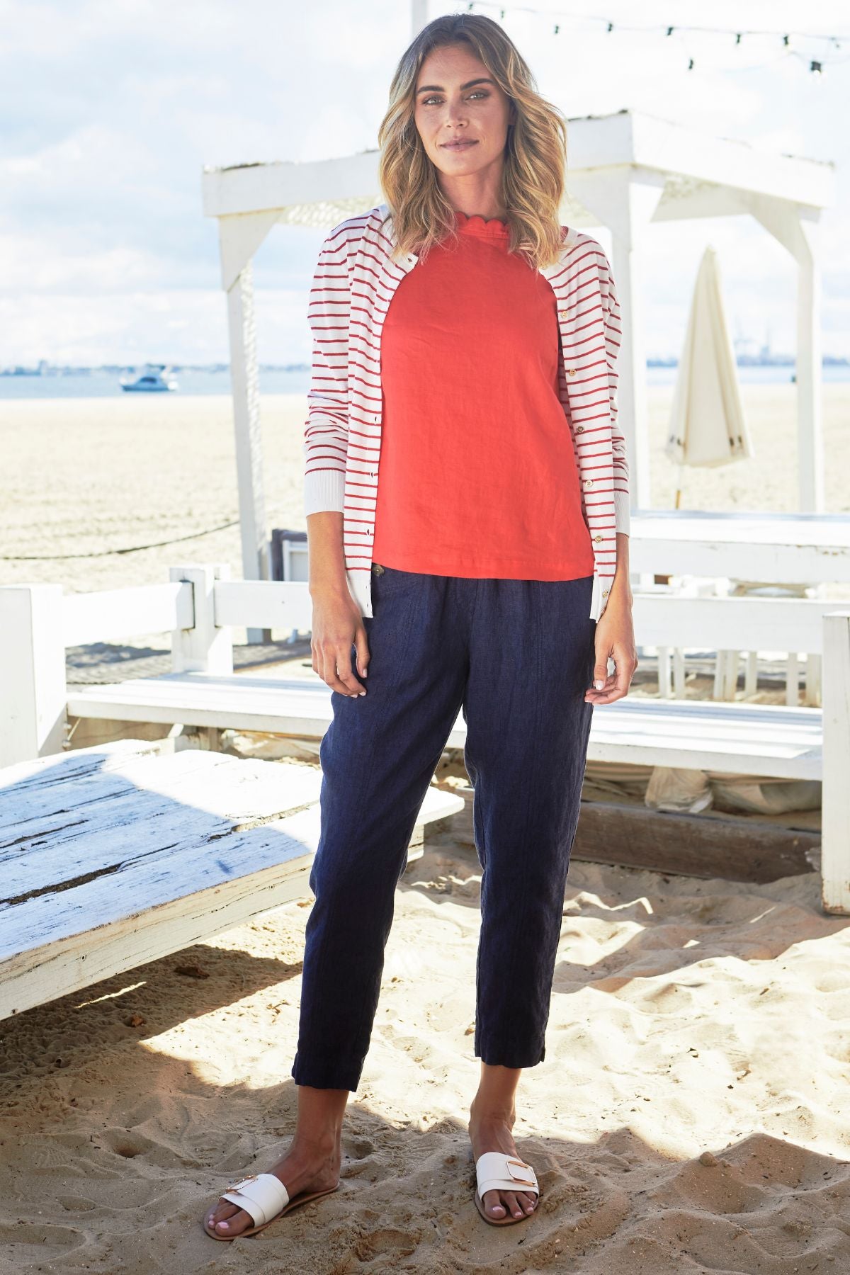Women's Stripe Cardigan in White and Poppy Red | Ella