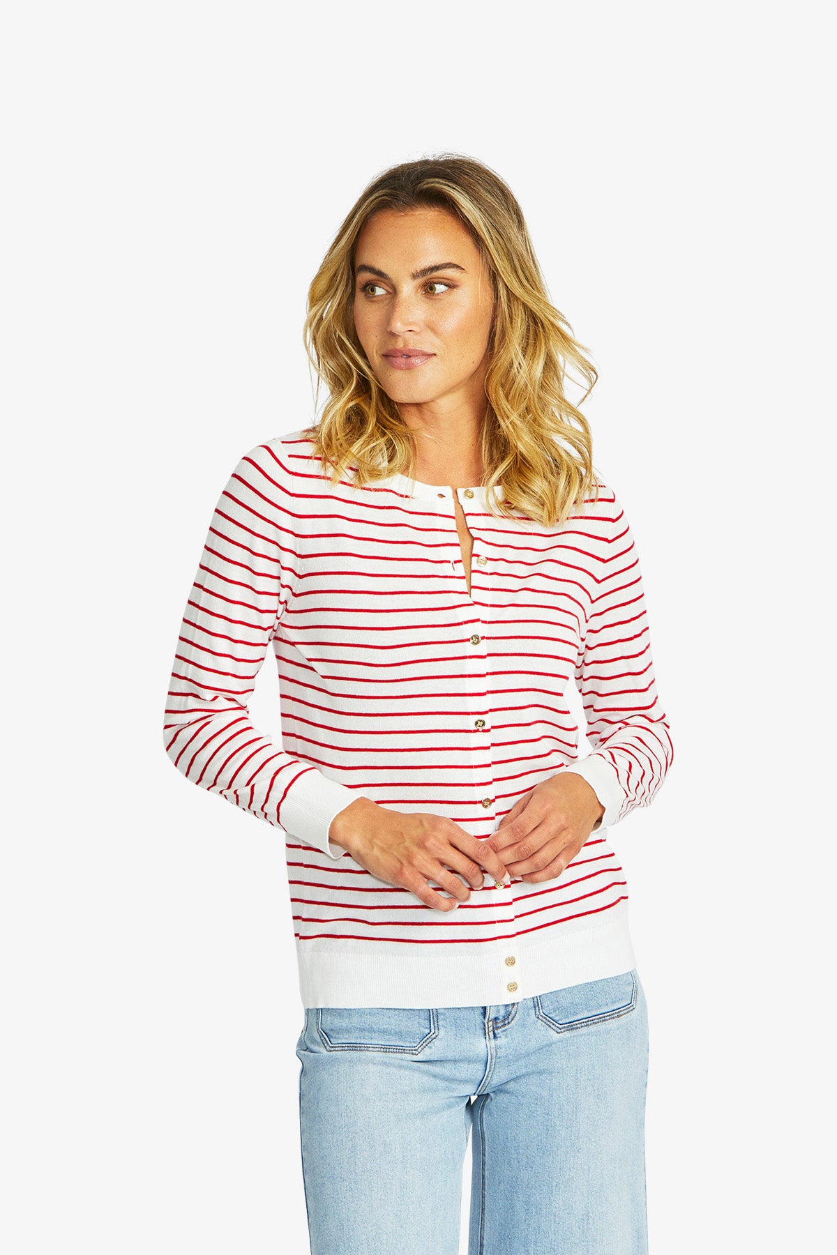 Women's Stripe Cardigan in White and Poppy Red | Ella