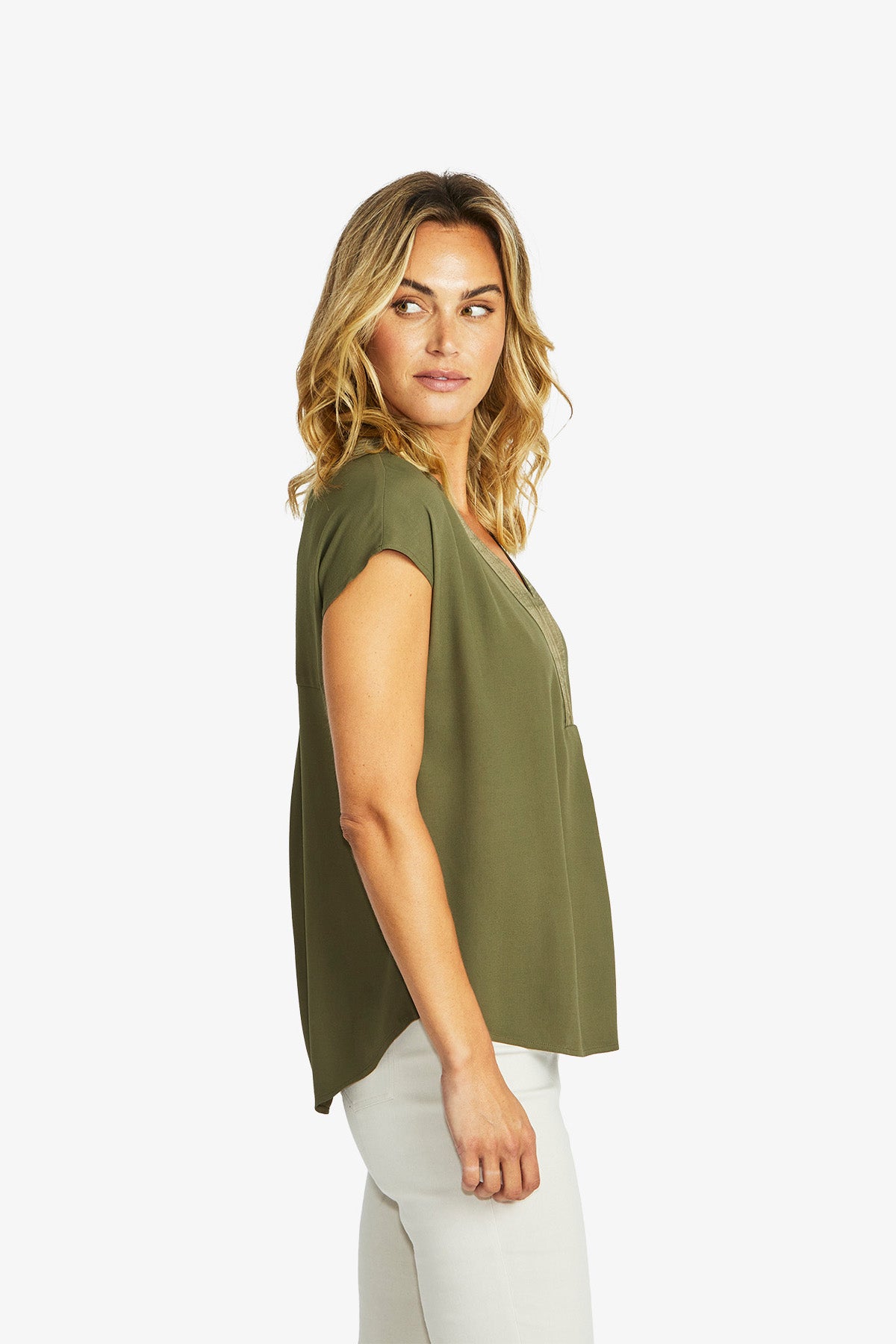 Women's V-Neck Slinky Top in Khaki Green | Helen